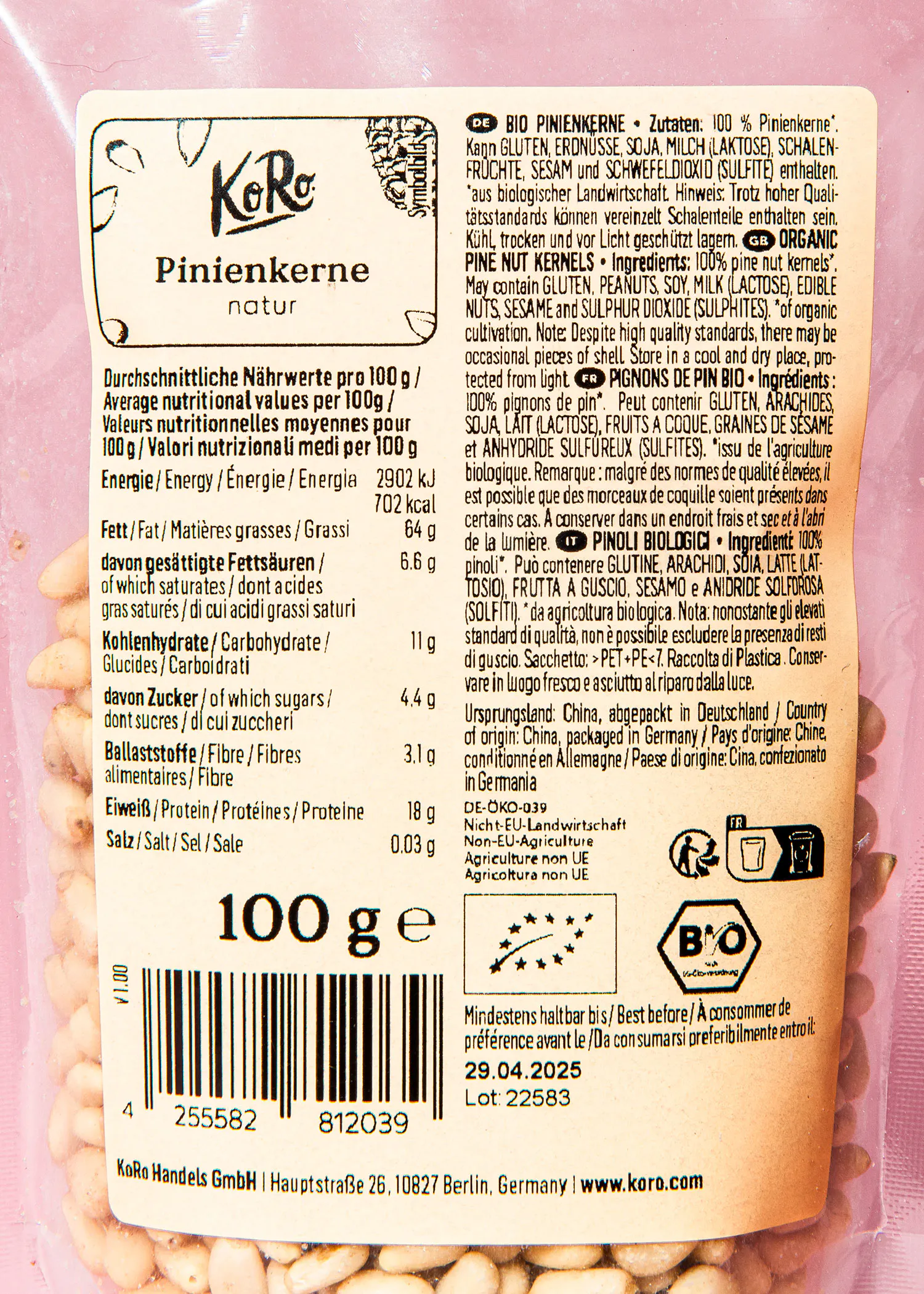 una etiqueta de un paquete de pipas de pino de 100 gramos