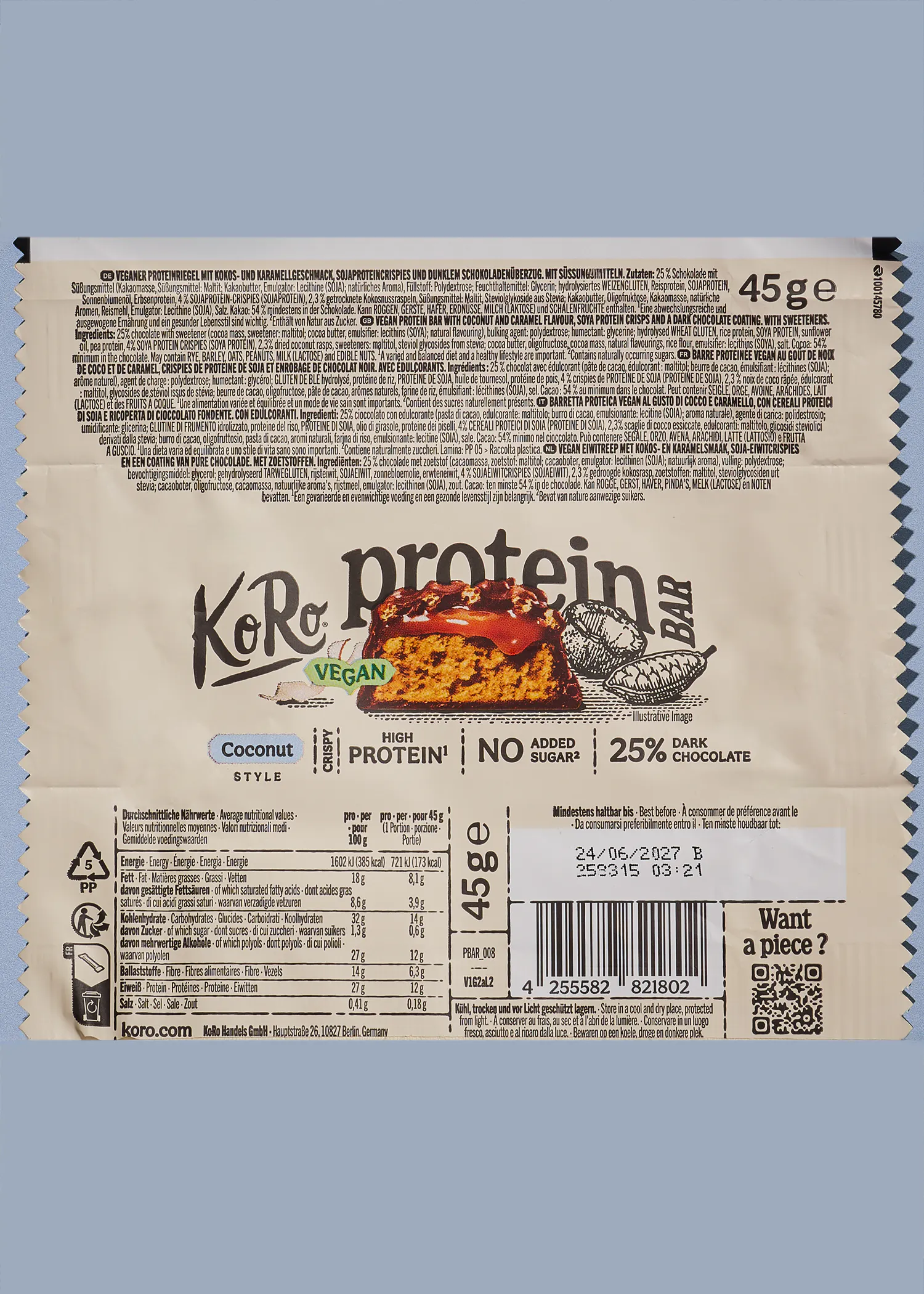 Barrita proteica vegana sabor coco | 3 x 45 g