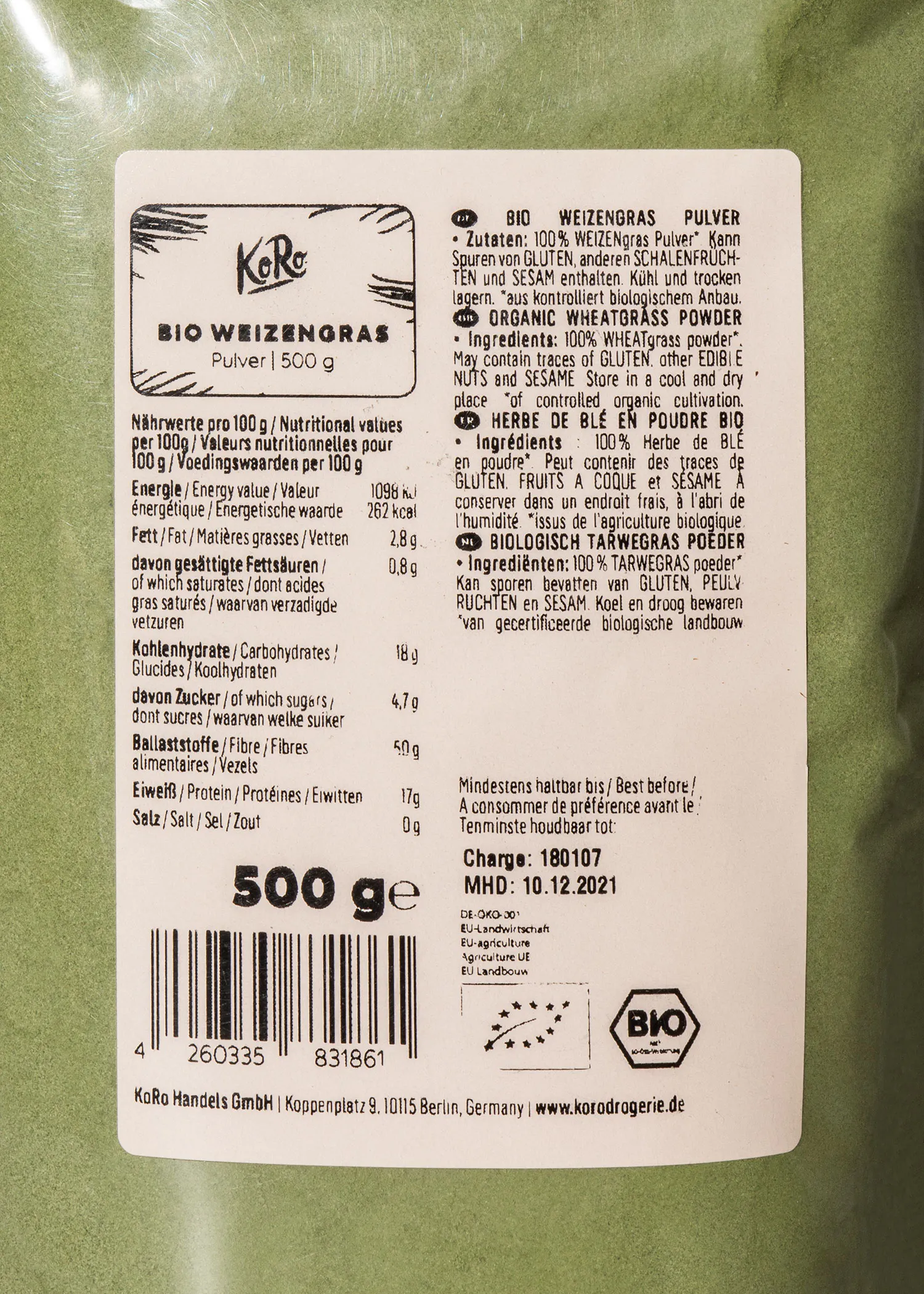 l' étiquette d' un paquet de 500 g de farine de blé bio