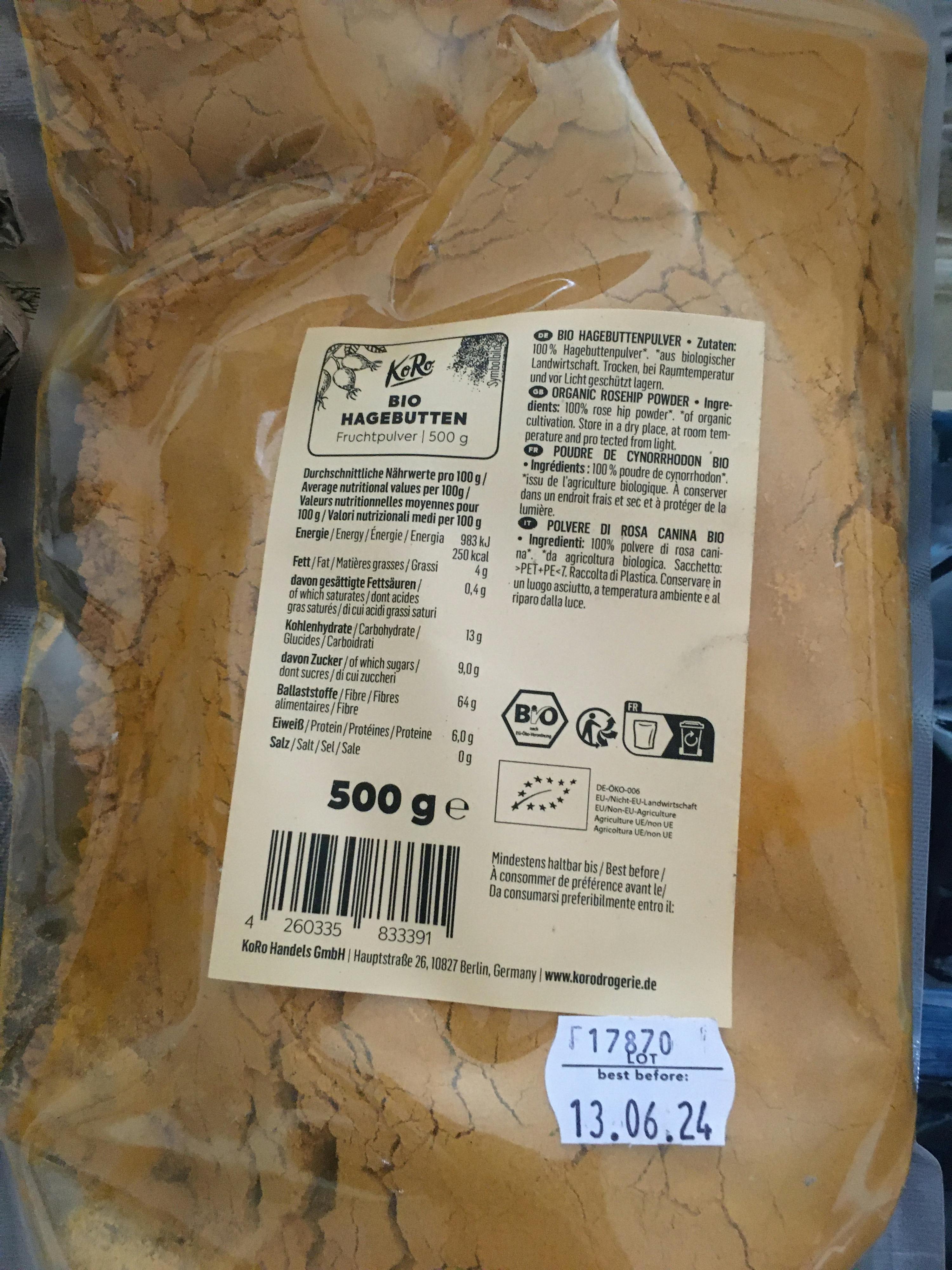 eine Nahaufnahme der Rückseite eines 500-g-Beutels