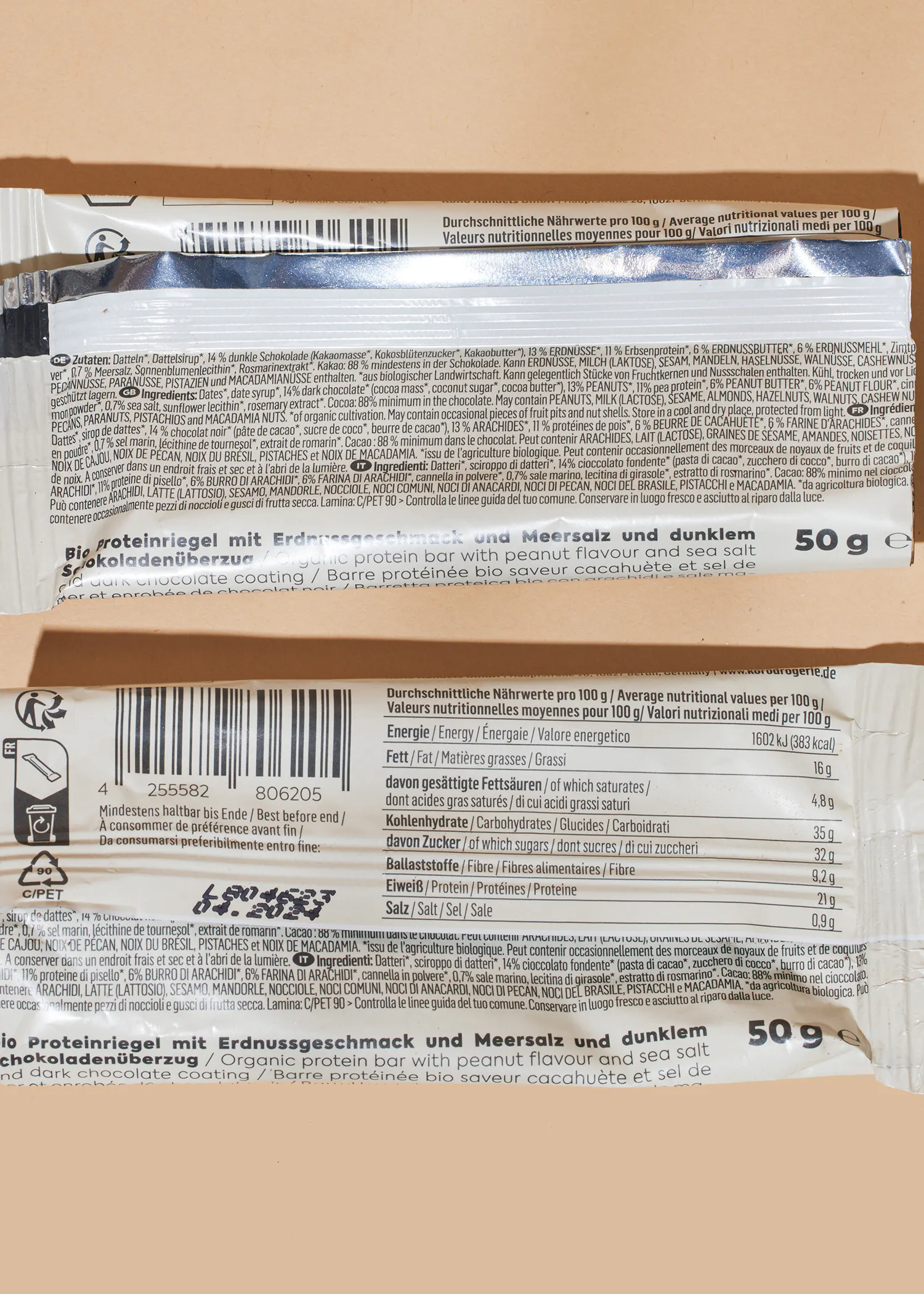the back of a protein bar shows the nutritional information