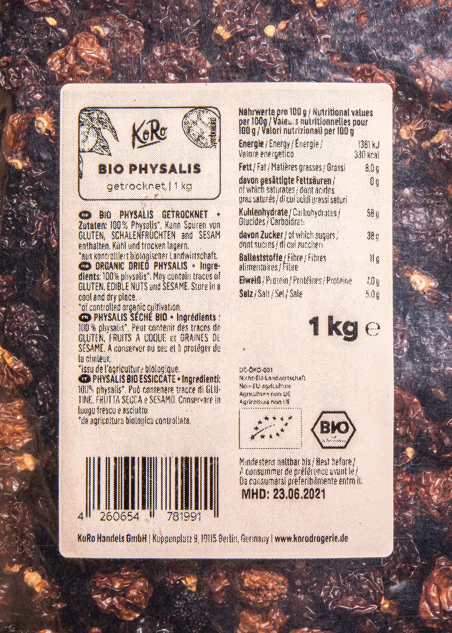 the back of a package of bio physalis getrocknet 1 kg