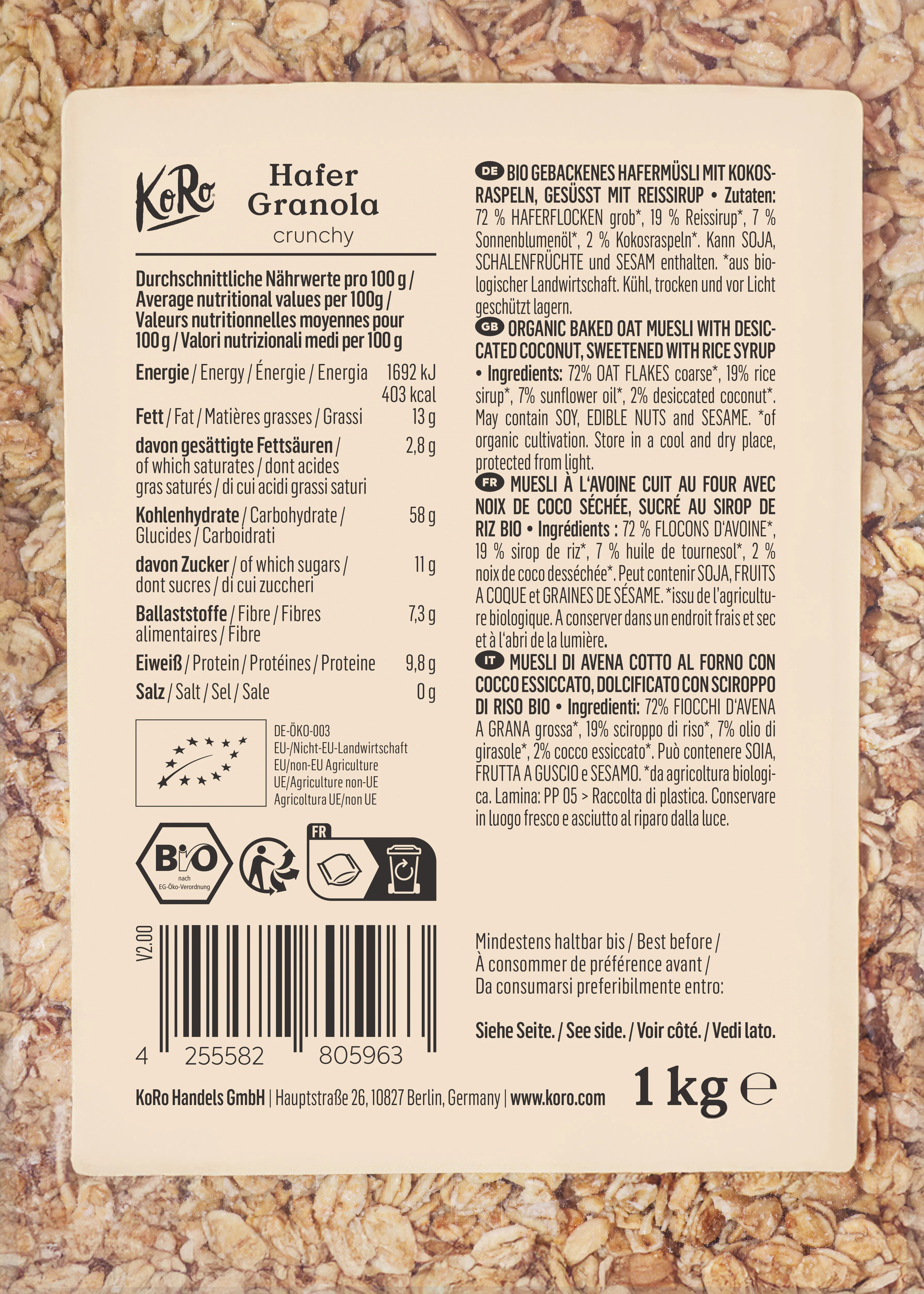 Økologisk crunchy havregranola 1 kg
