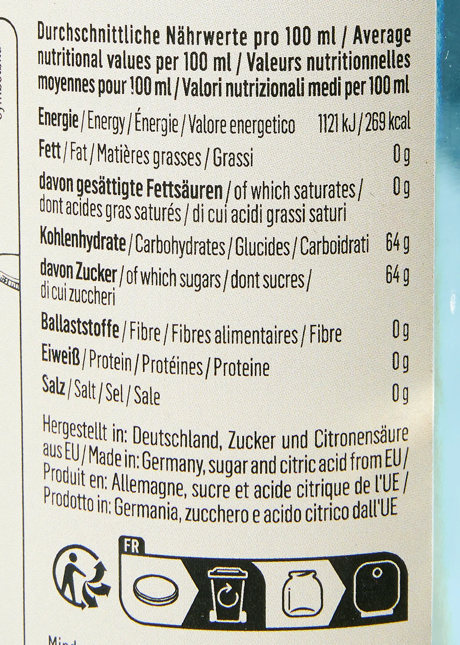 la etiqueta de una botella muestra los valores nutricionales pro 100 ml