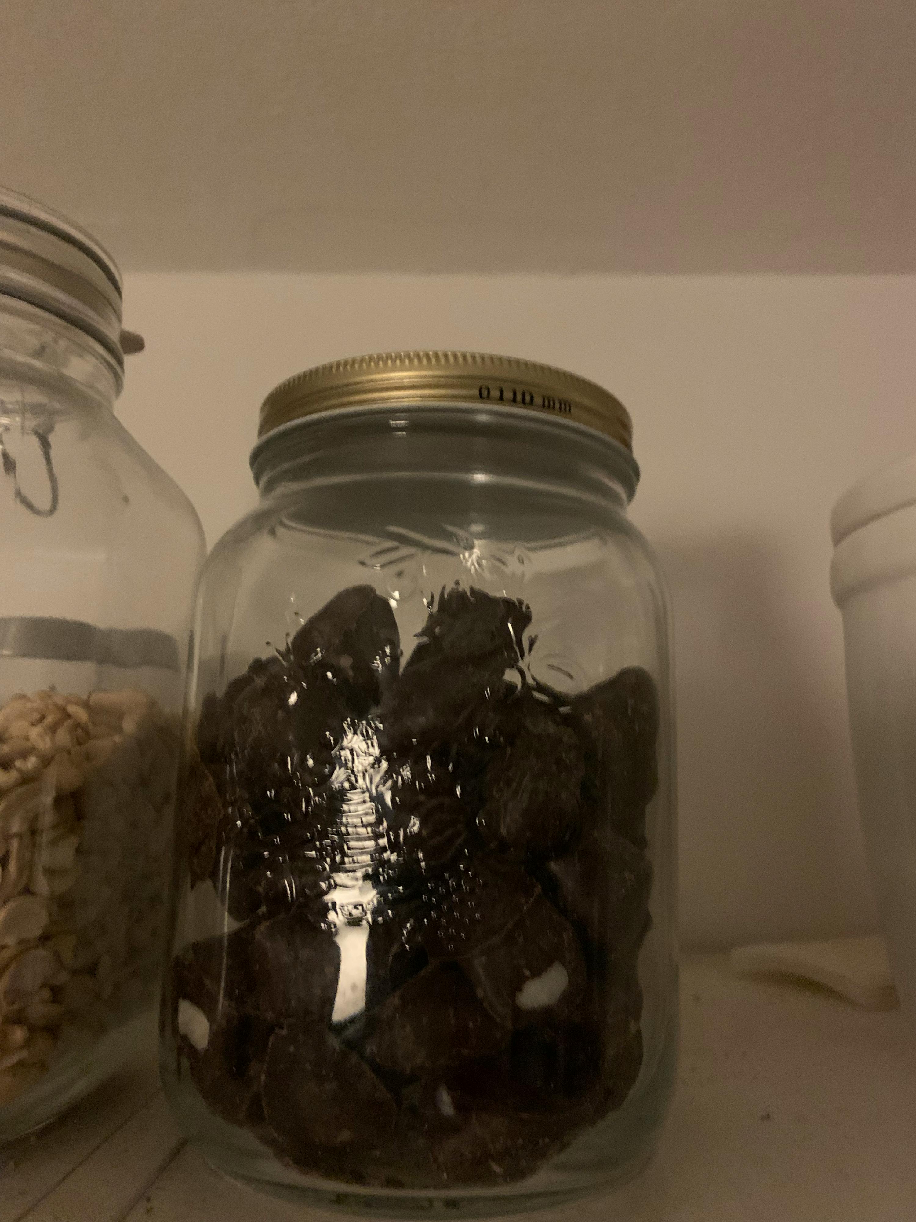 ein Glasgefäß mit Schokoladenstücken und einem silbernen Deckel