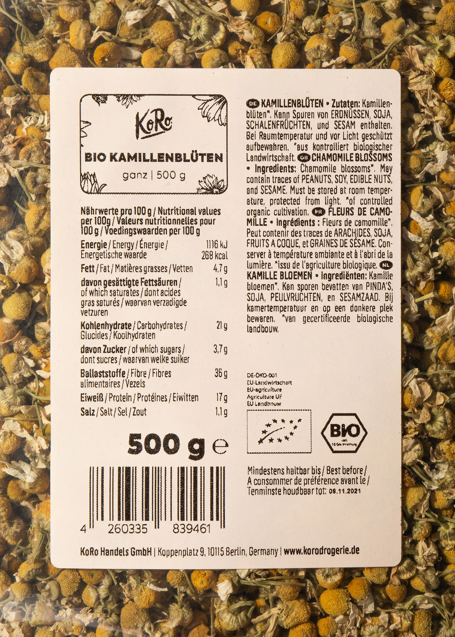 the back of a 500 g container of bio kamillenblüten