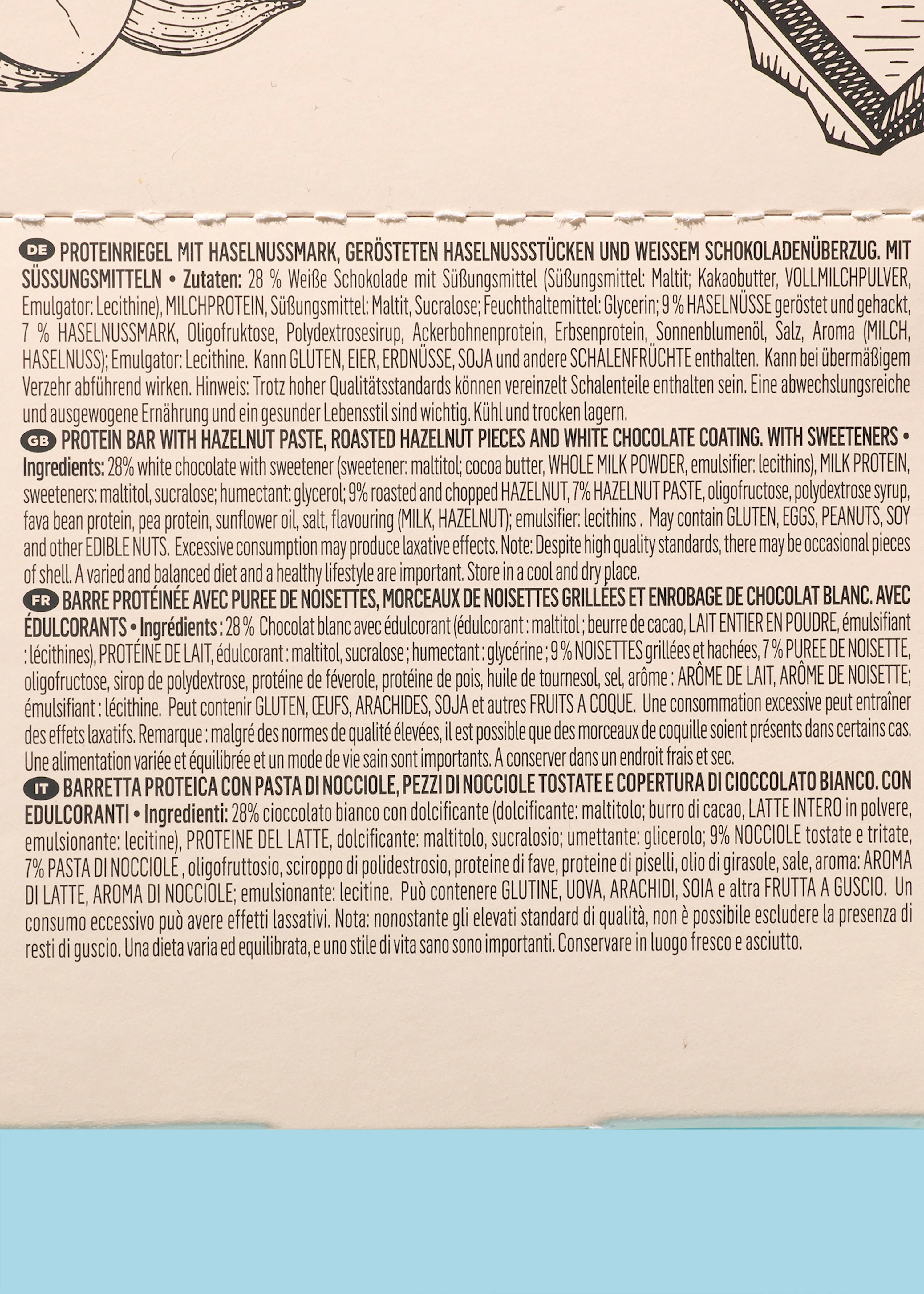 la parte posteriore di una confezione di barretta proteica con pasta di nocciole