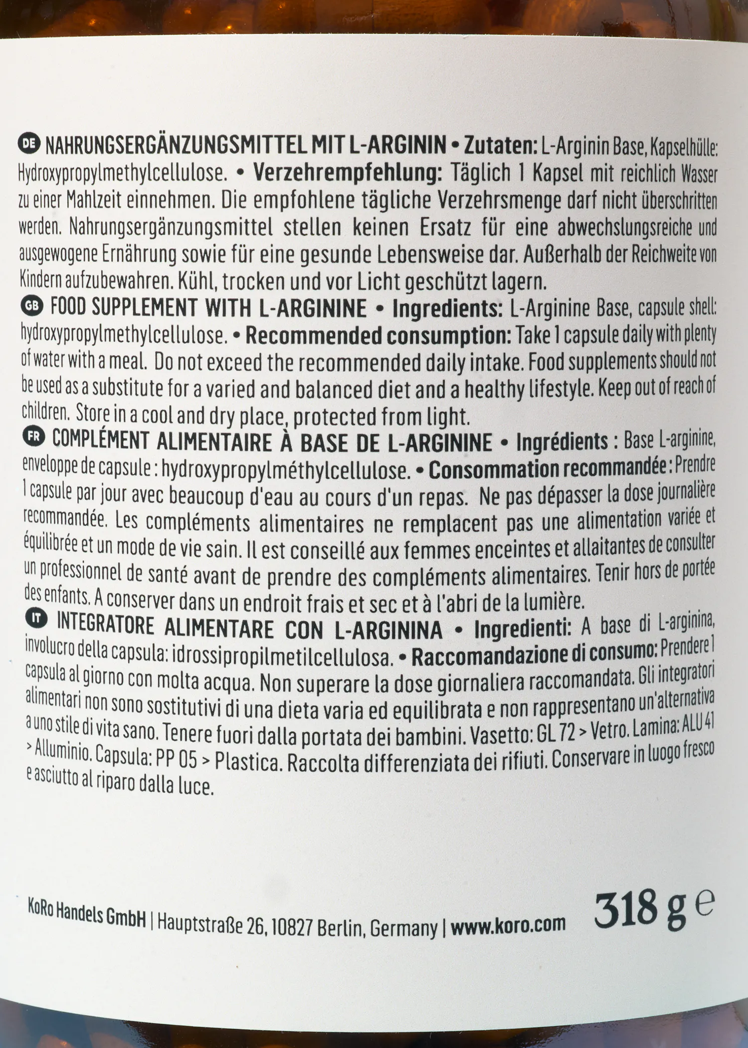 l' arrière de l' emballage d' un complément alimentaire avec l-arginine