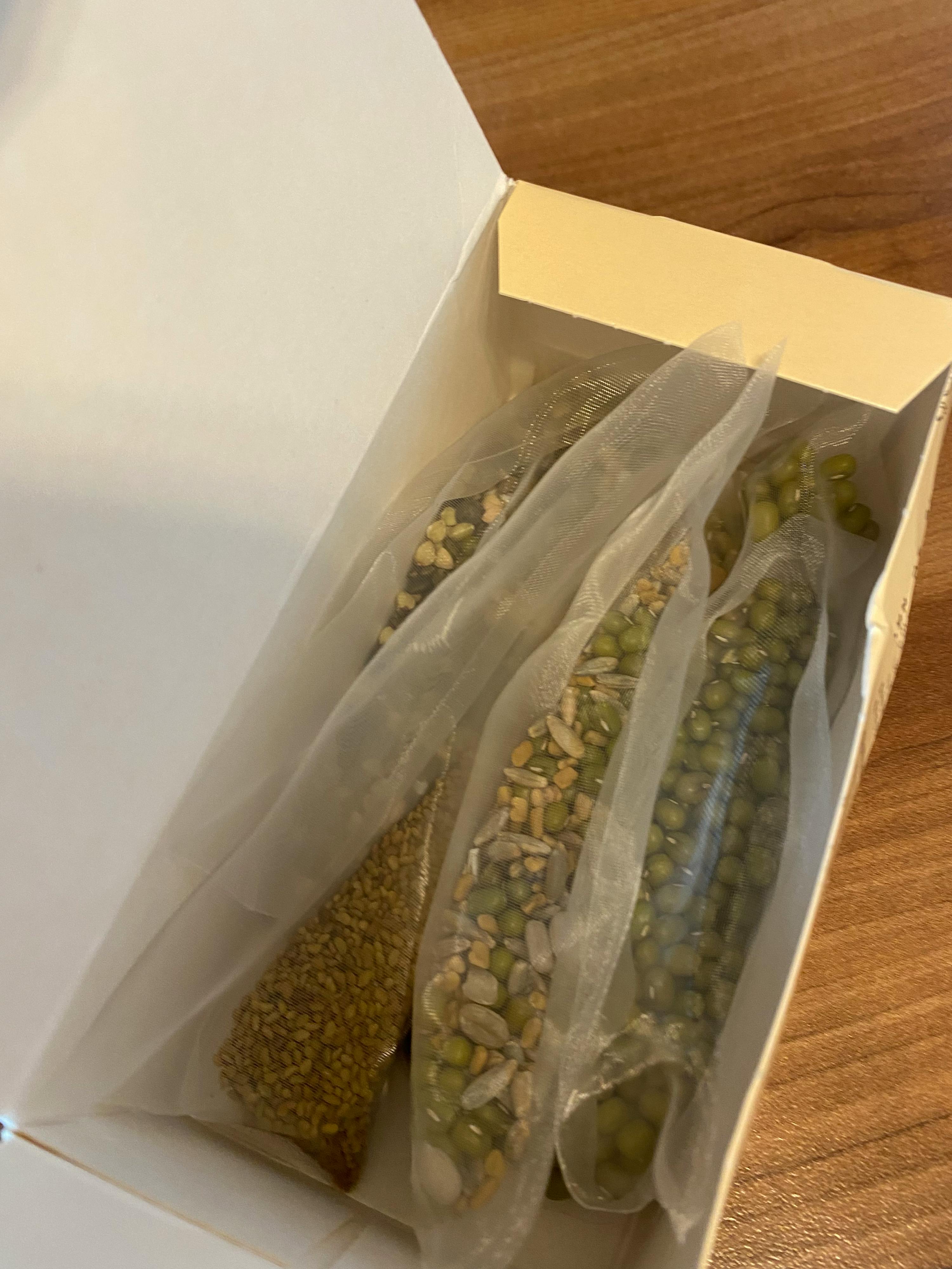 a box filled with green beans and seeds