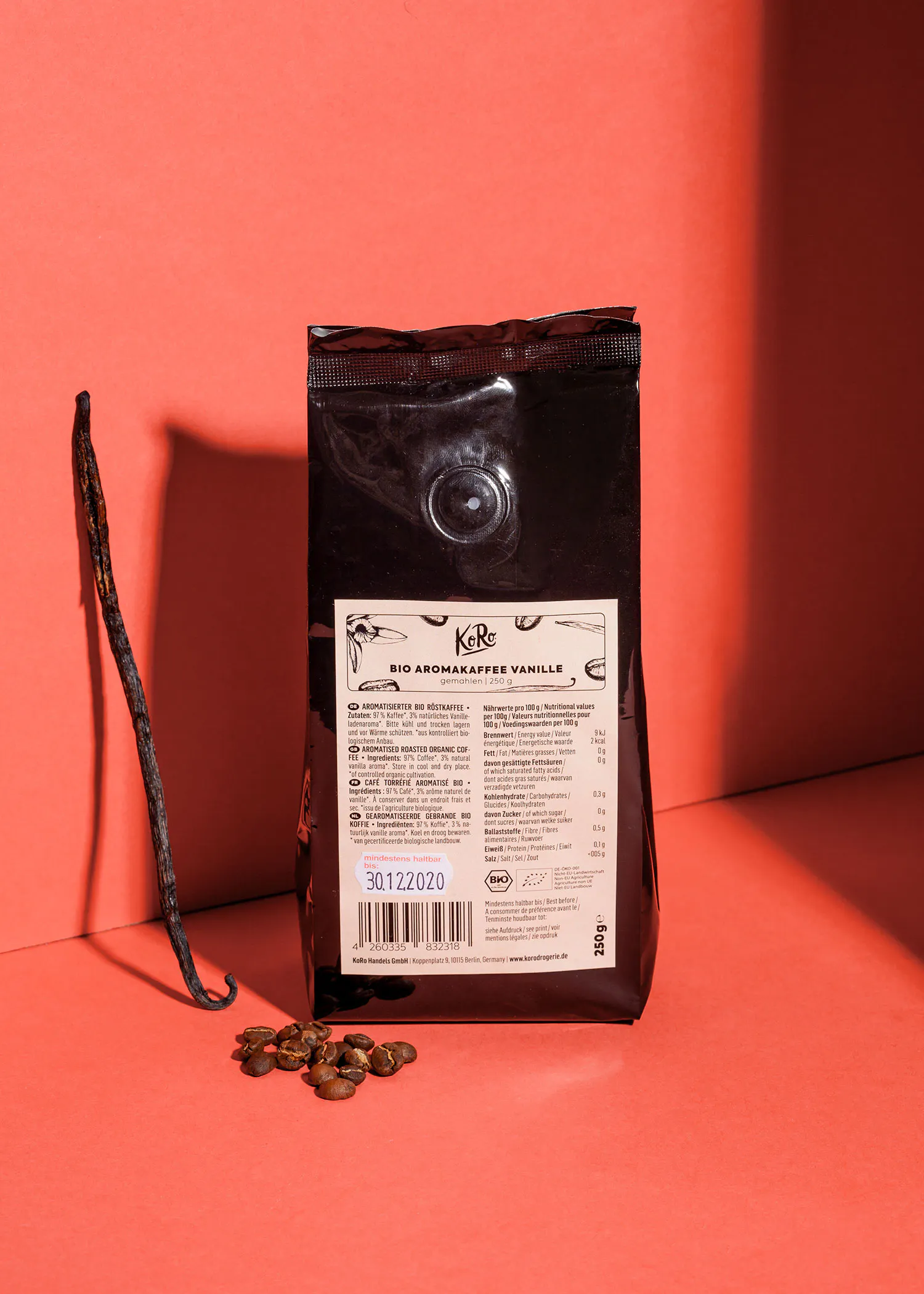 l' arrière d' un sac de grains de café bio aromakaffee vanille