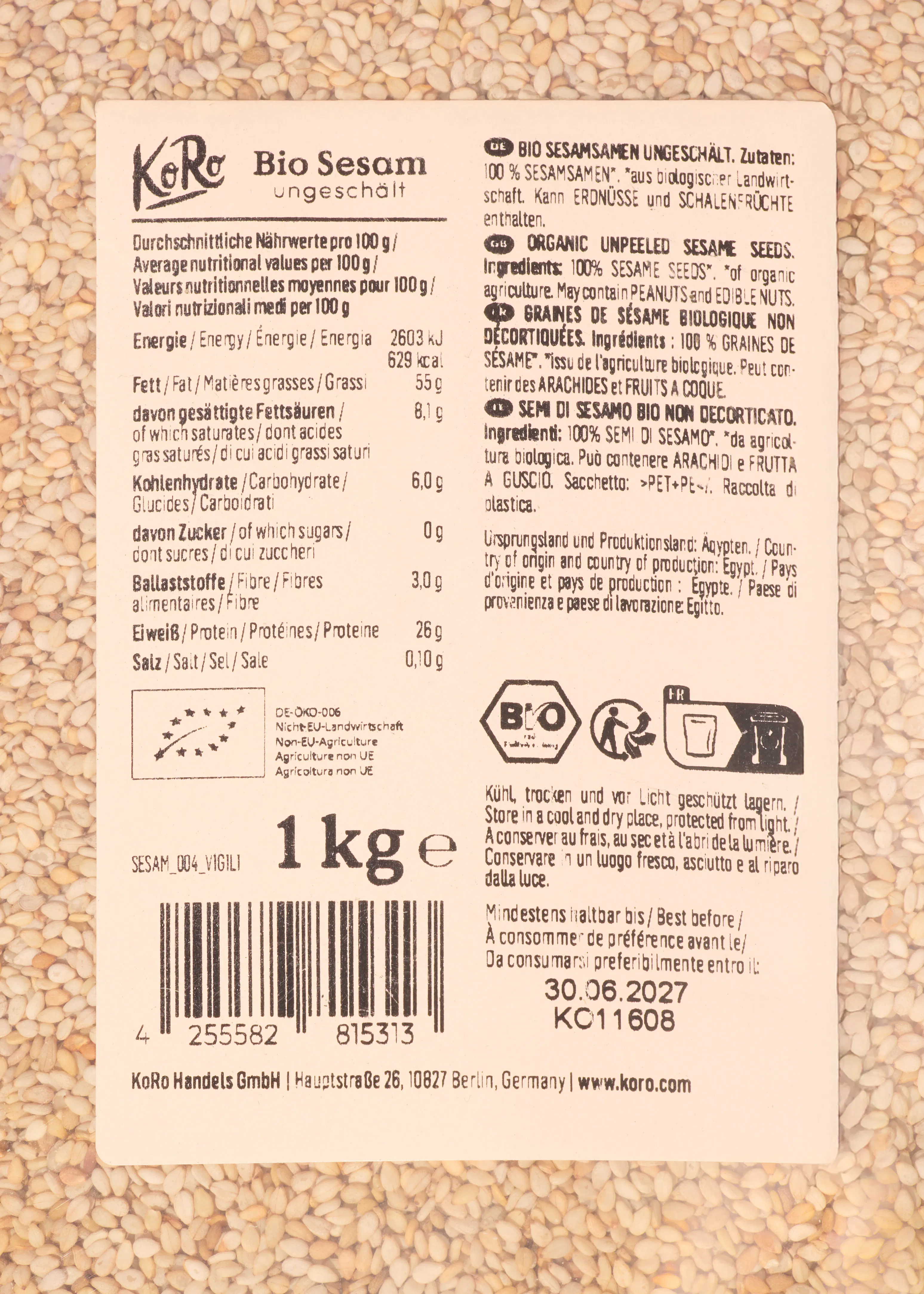 a package of sesame seeds has a label that says 1 kg