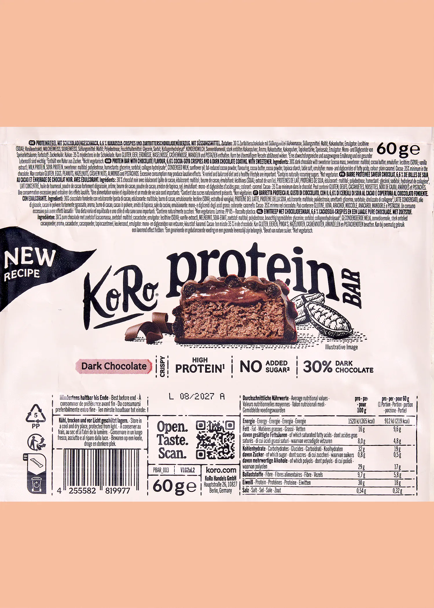 emballage de barre protéinée koro au chocolat noir avec liste des ingrédients et tableau nutritionnel.