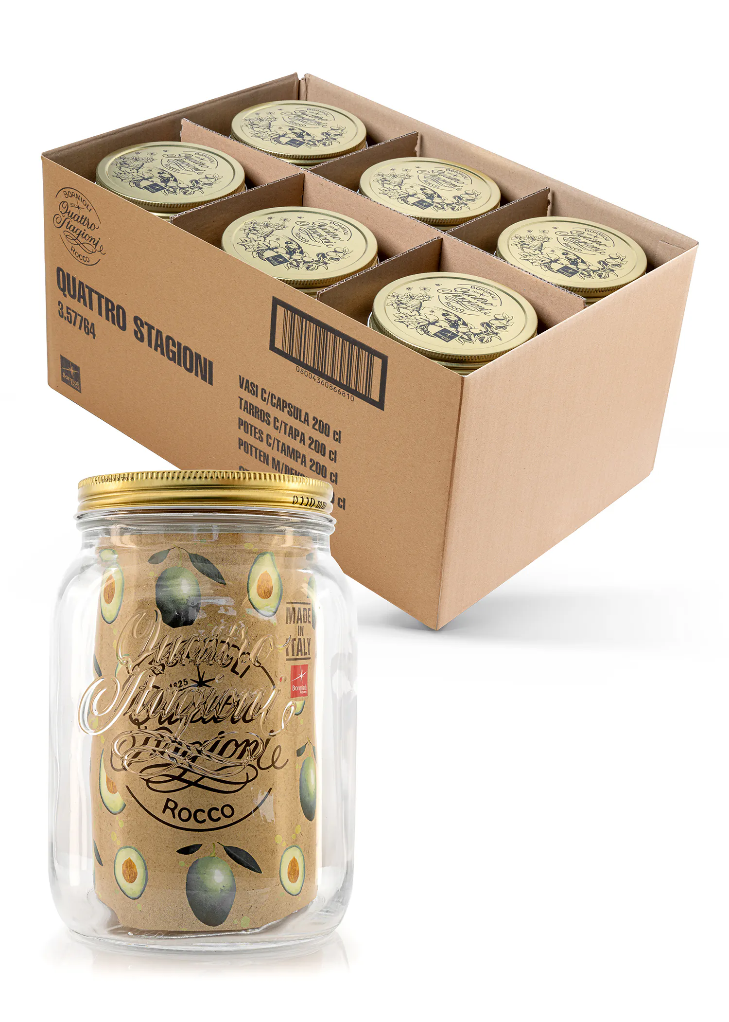 a box of quattro stagioni jars sits next to a glass jar