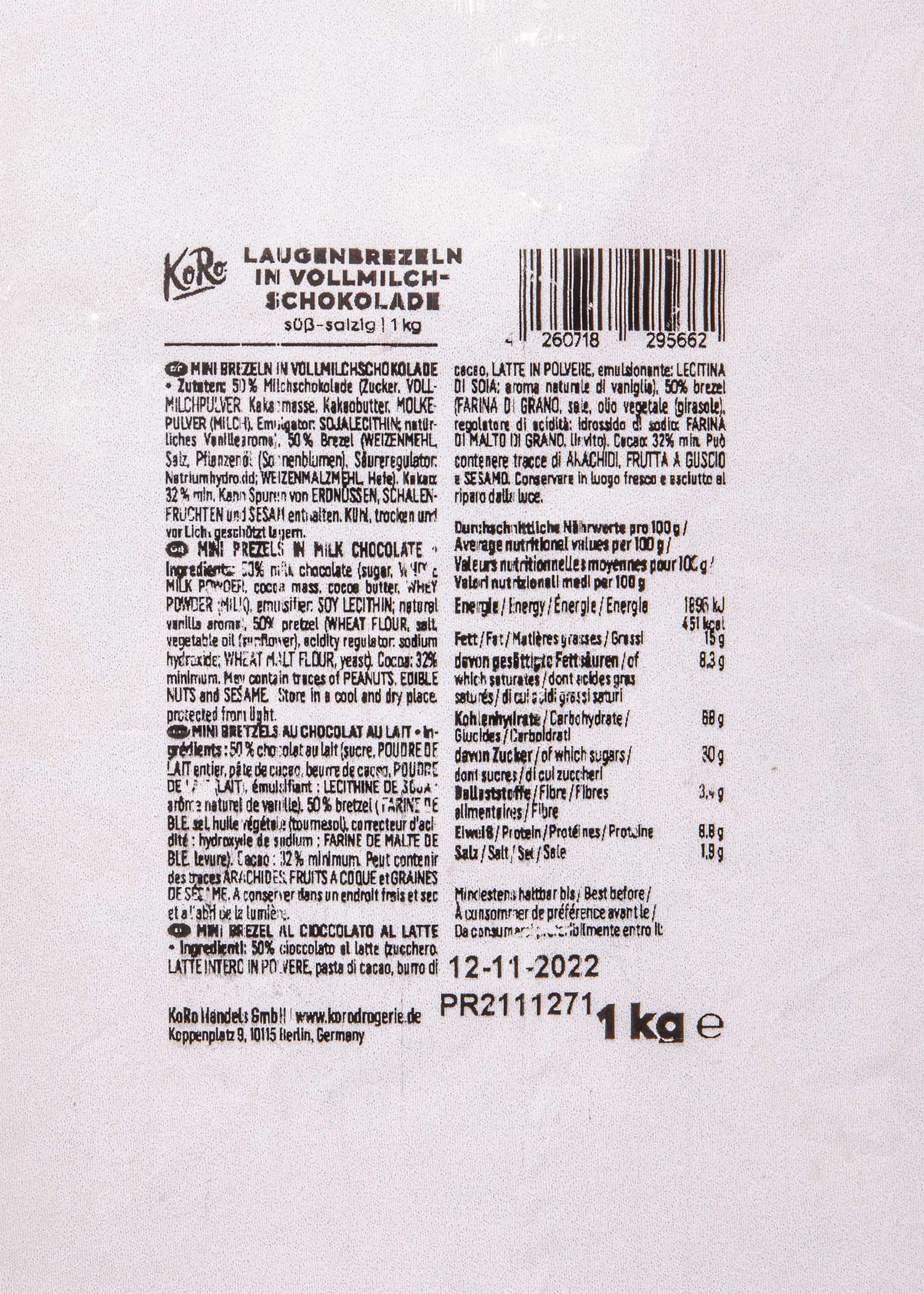a package of laugenbrezeln milchschokolade contains 1 kg