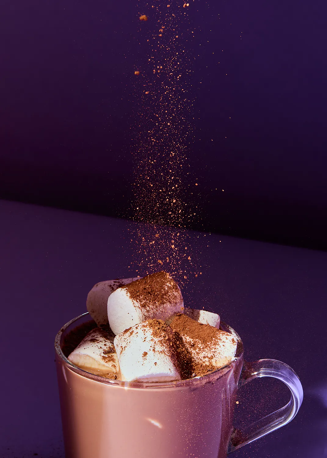 eine Tasse heißer Schokolade mit Marshmallows und Schokoladenpulver