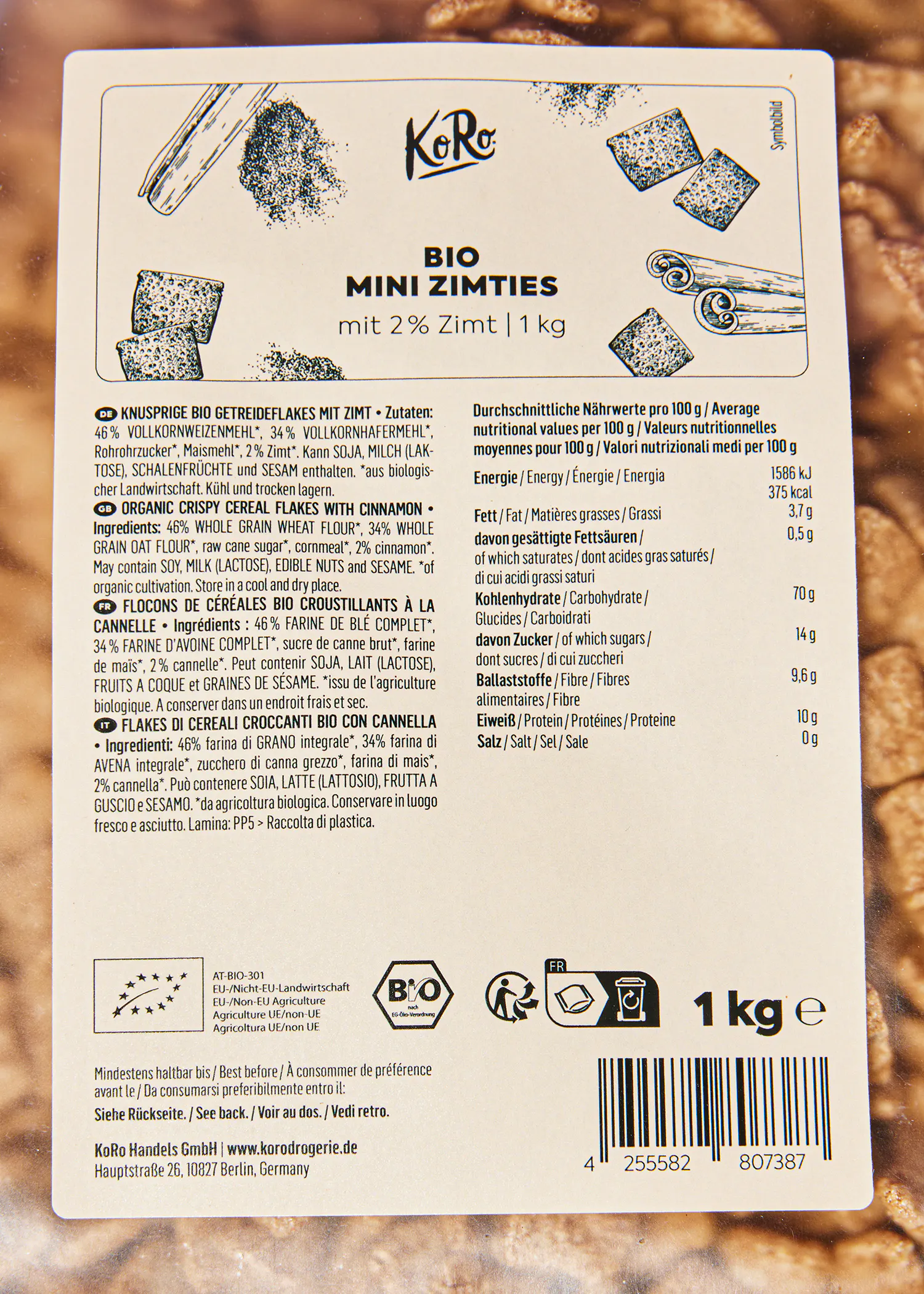 l' étiquette d' une boîte de céréales bio mini zimties