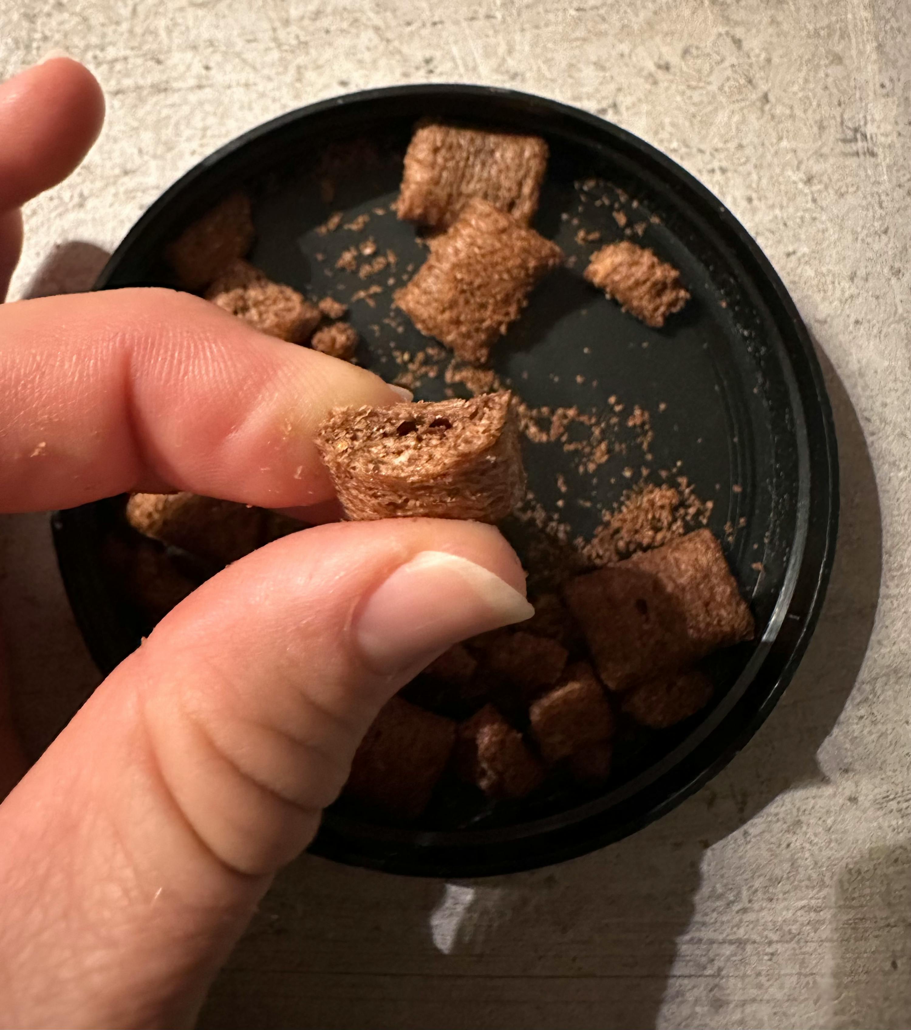 a person holding a piece of cereal in their hand