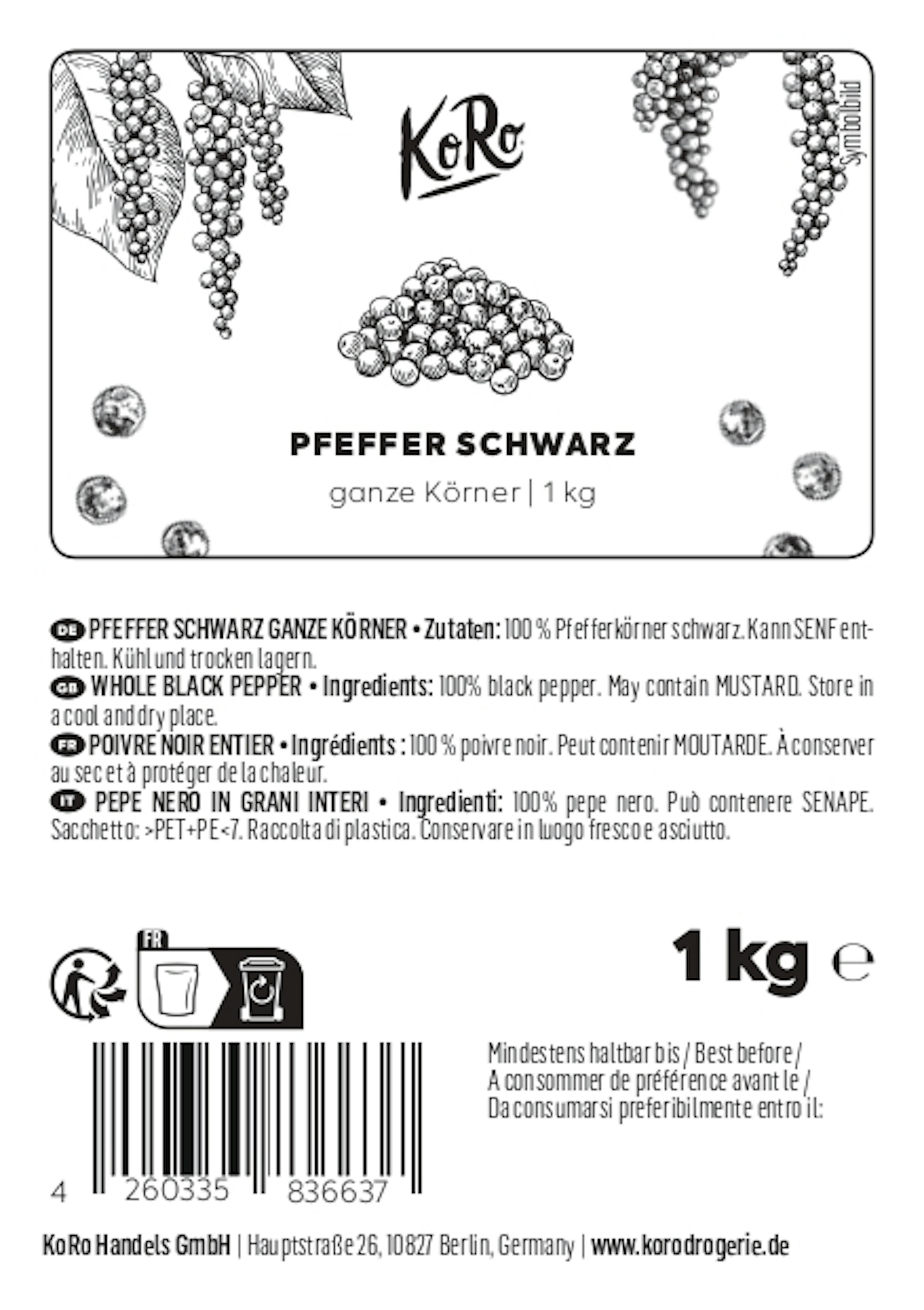 4260335836637 - Ganze schwarze Pfefferkörner 1 kg