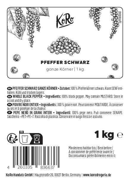 4260335836637 - Ganze schwarze Pfefferkörner 1 kg 4260335836637 - Ganze schwarze Pfefferkörner 1 kg