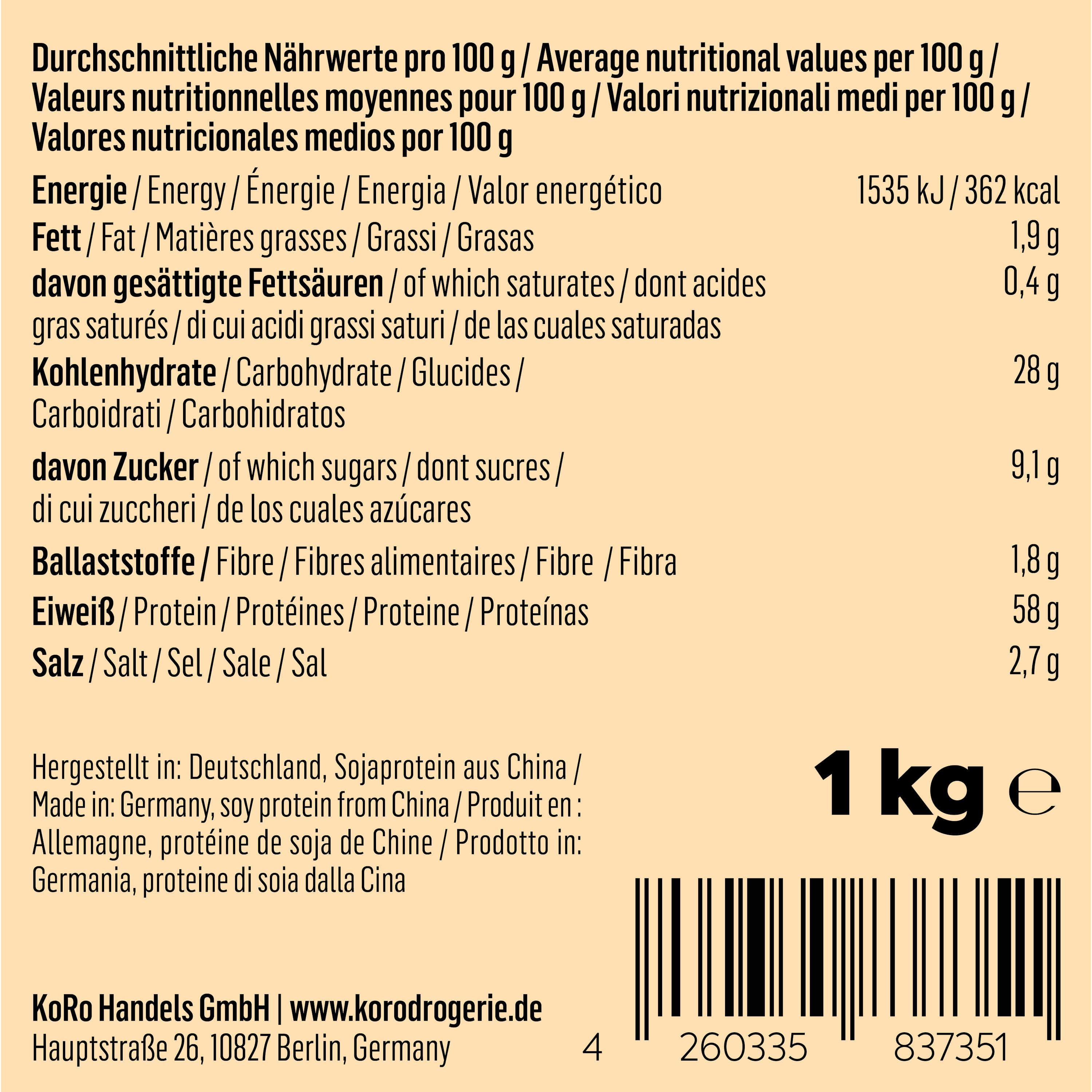 4260335837351 - Soja Protein Crispies mit Kakao und 58 % Protein 1 kg