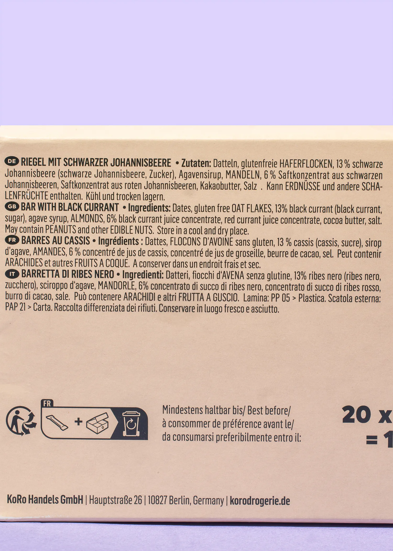 l' arrière d' une boîte de bonbons avec des ingrédients en langue allemande