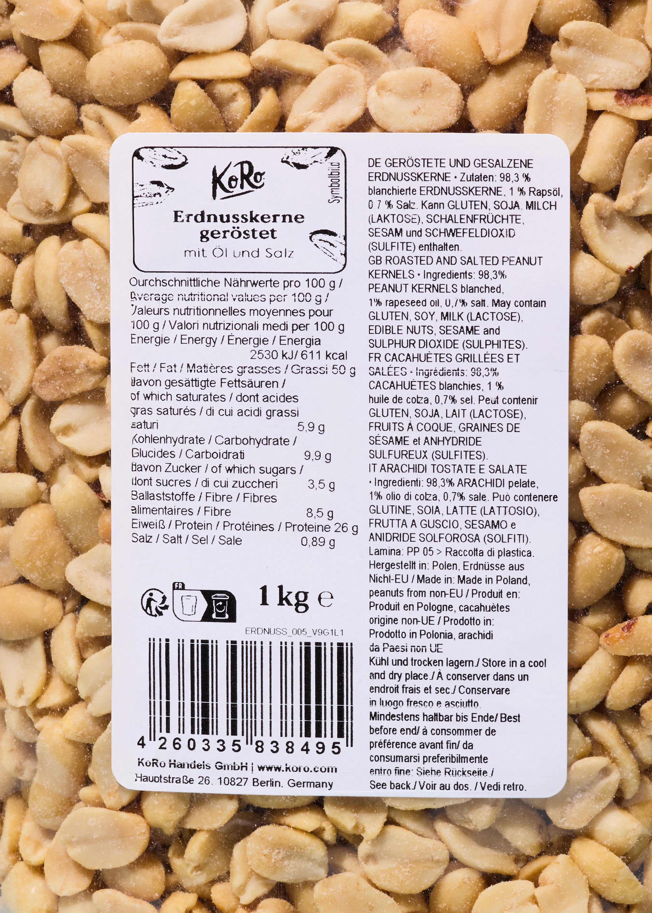 Cacahuètes grillées au sel et à l'huile 10 x 1 kg