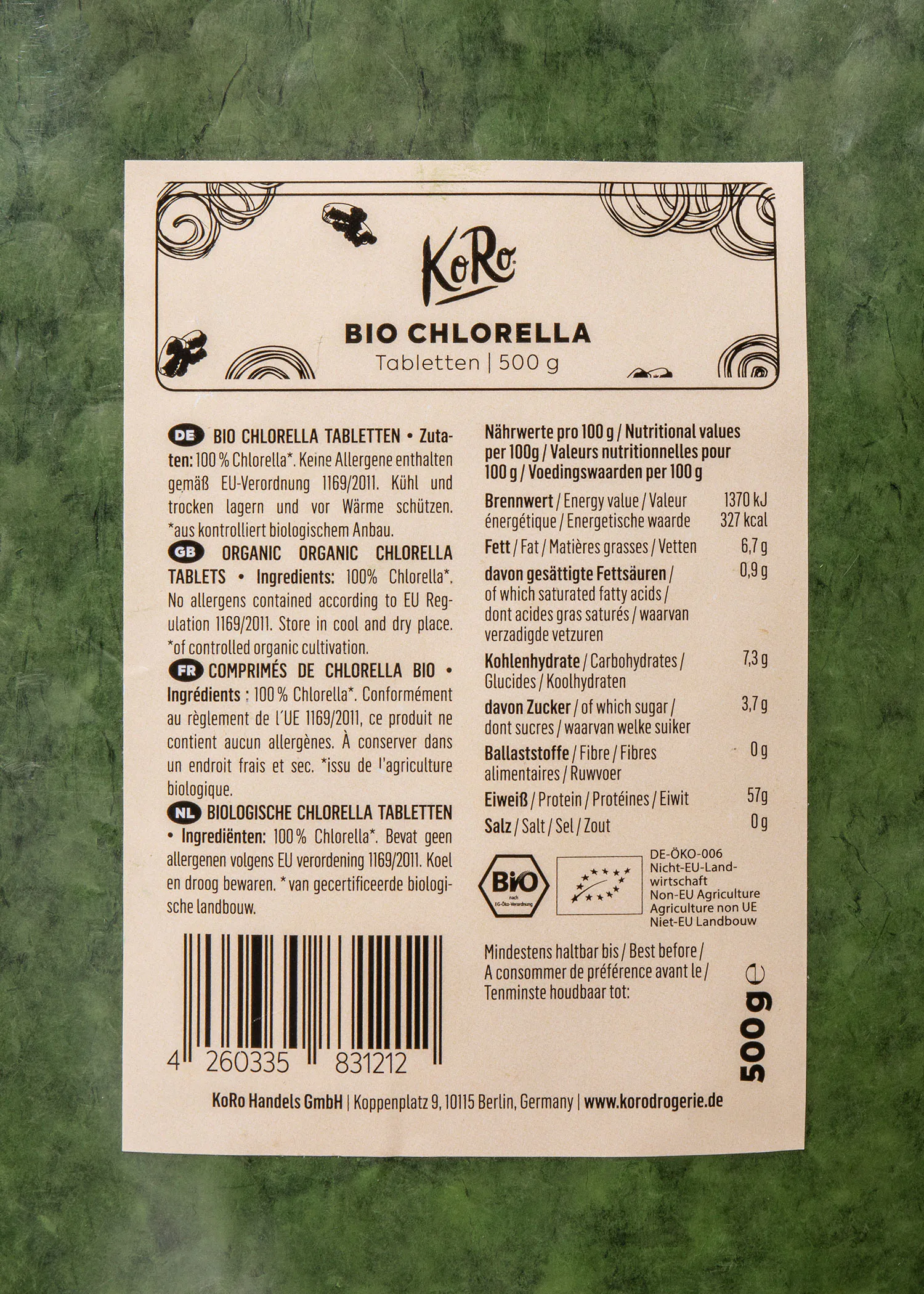 l' arrière d' une boîte de tablettes bio chlorella