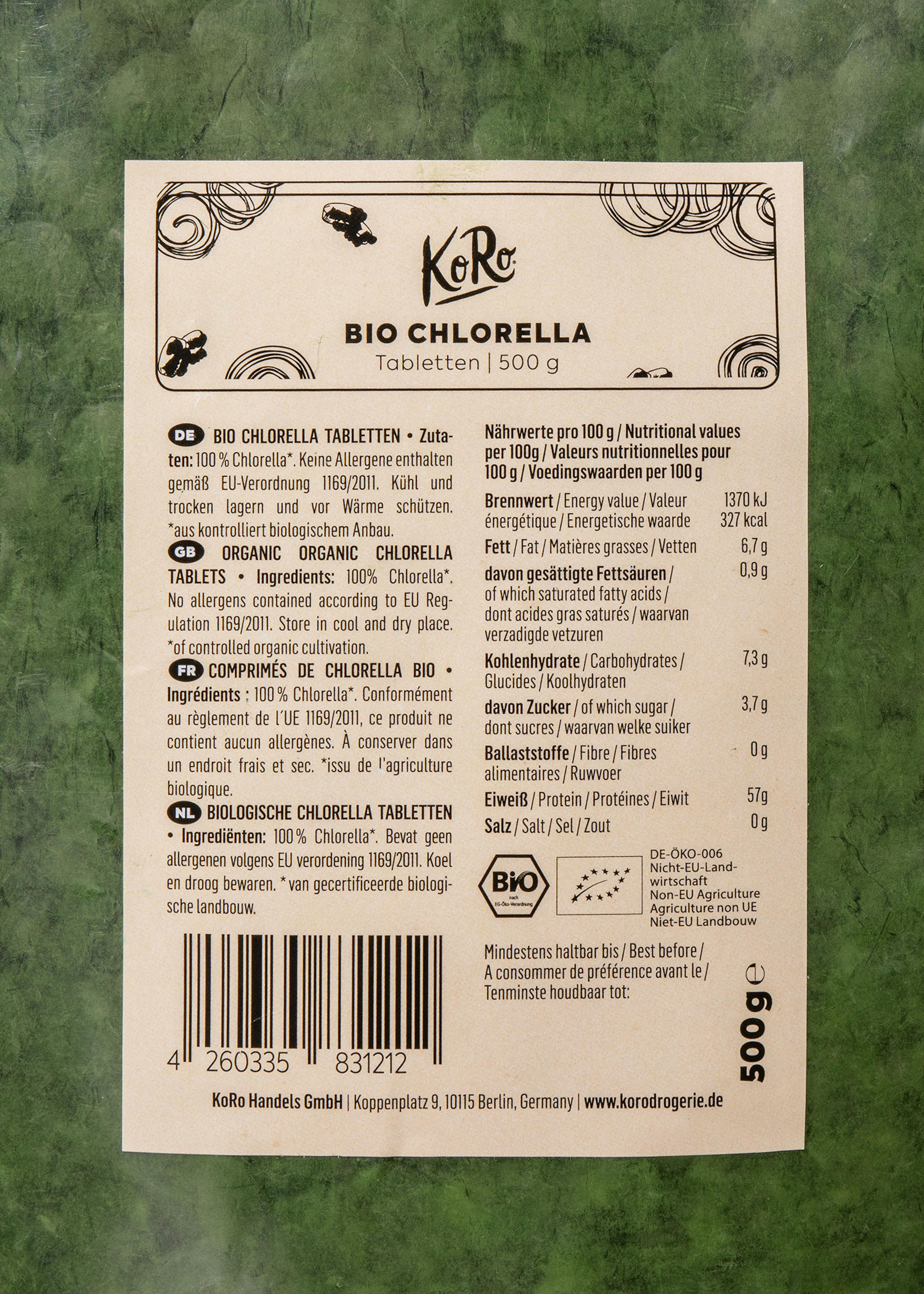 the back of a box of bio chlorella tablets