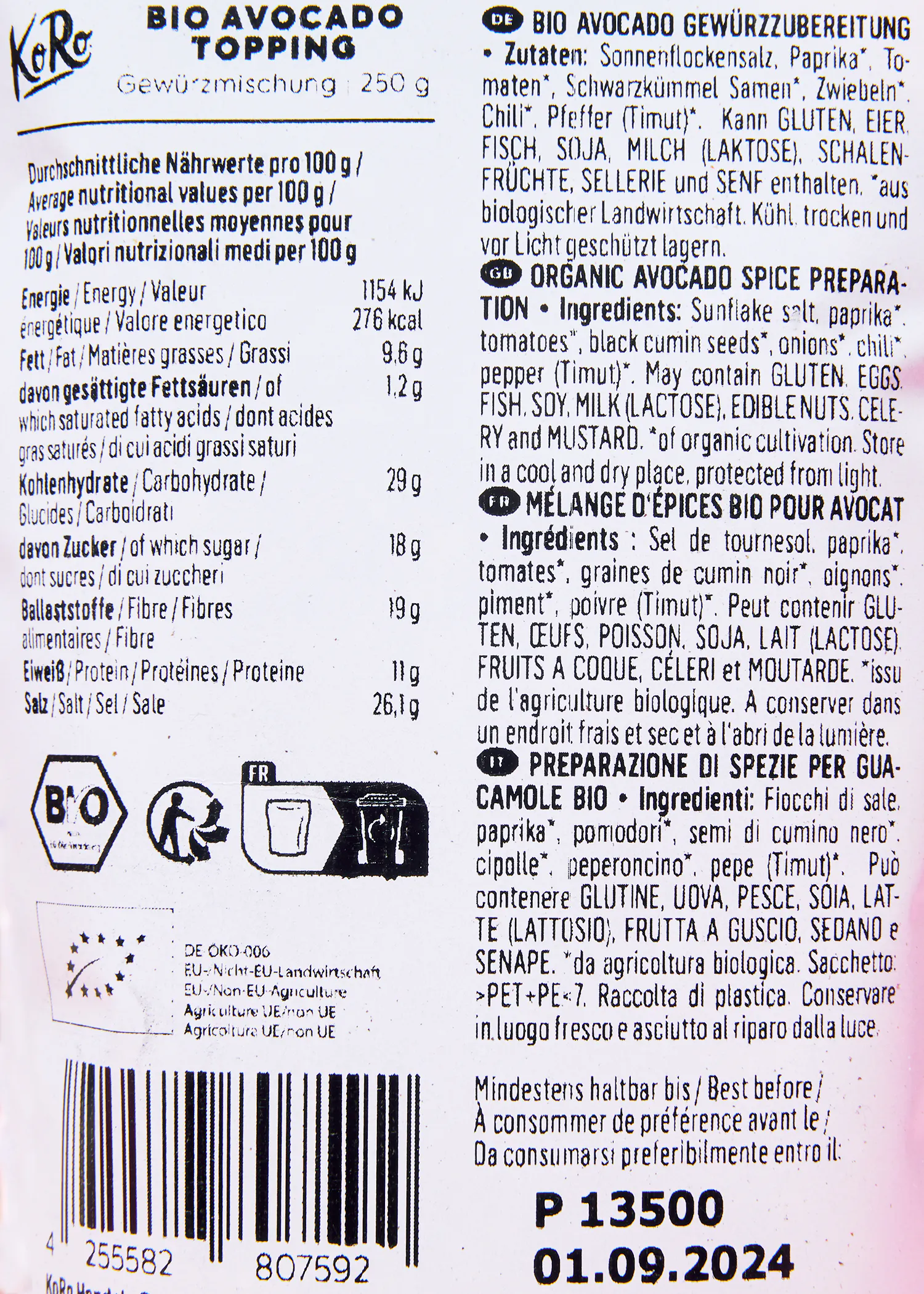 a label for bio avocado topping shows the ingredients