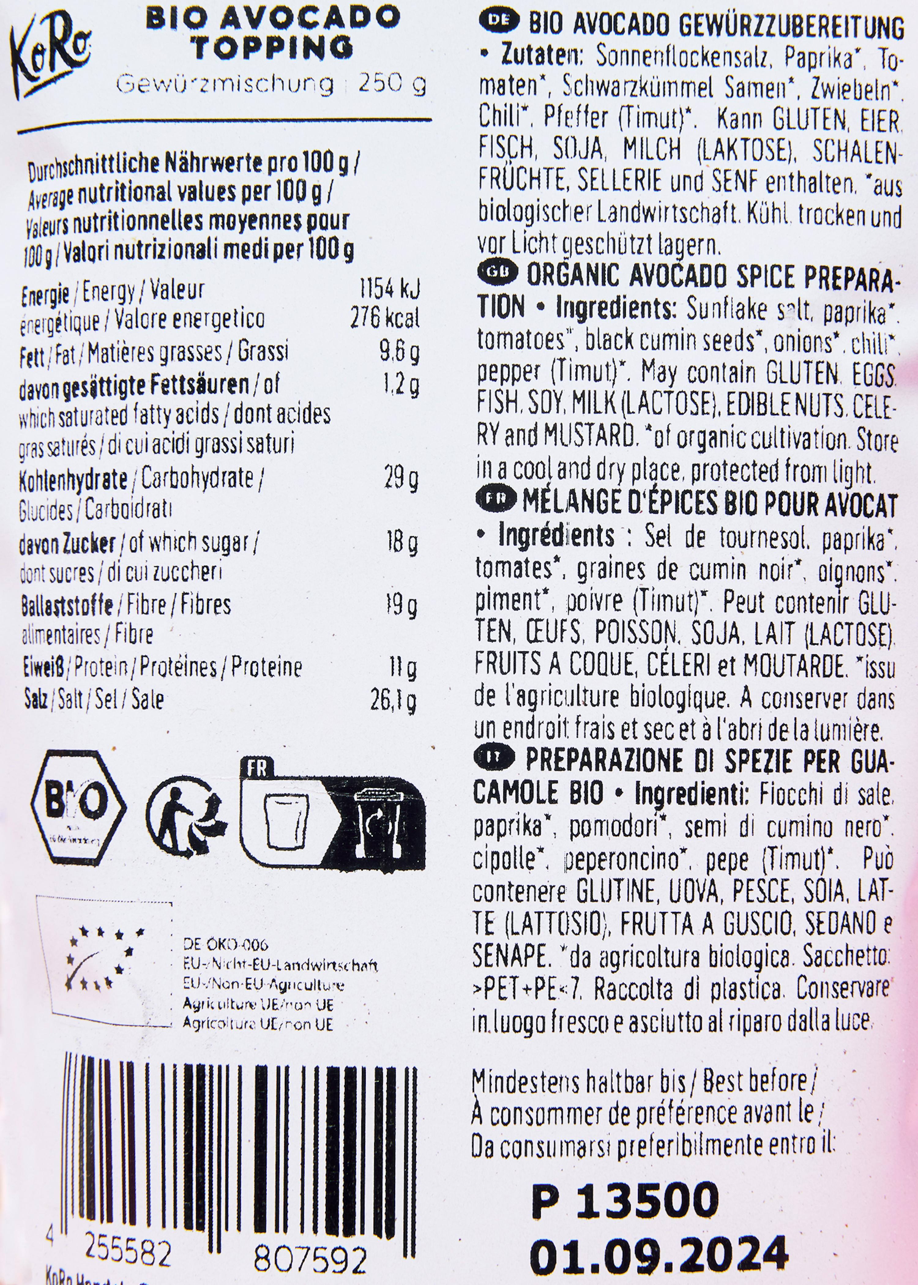 l' étiquette d' un produit bio avocado topping