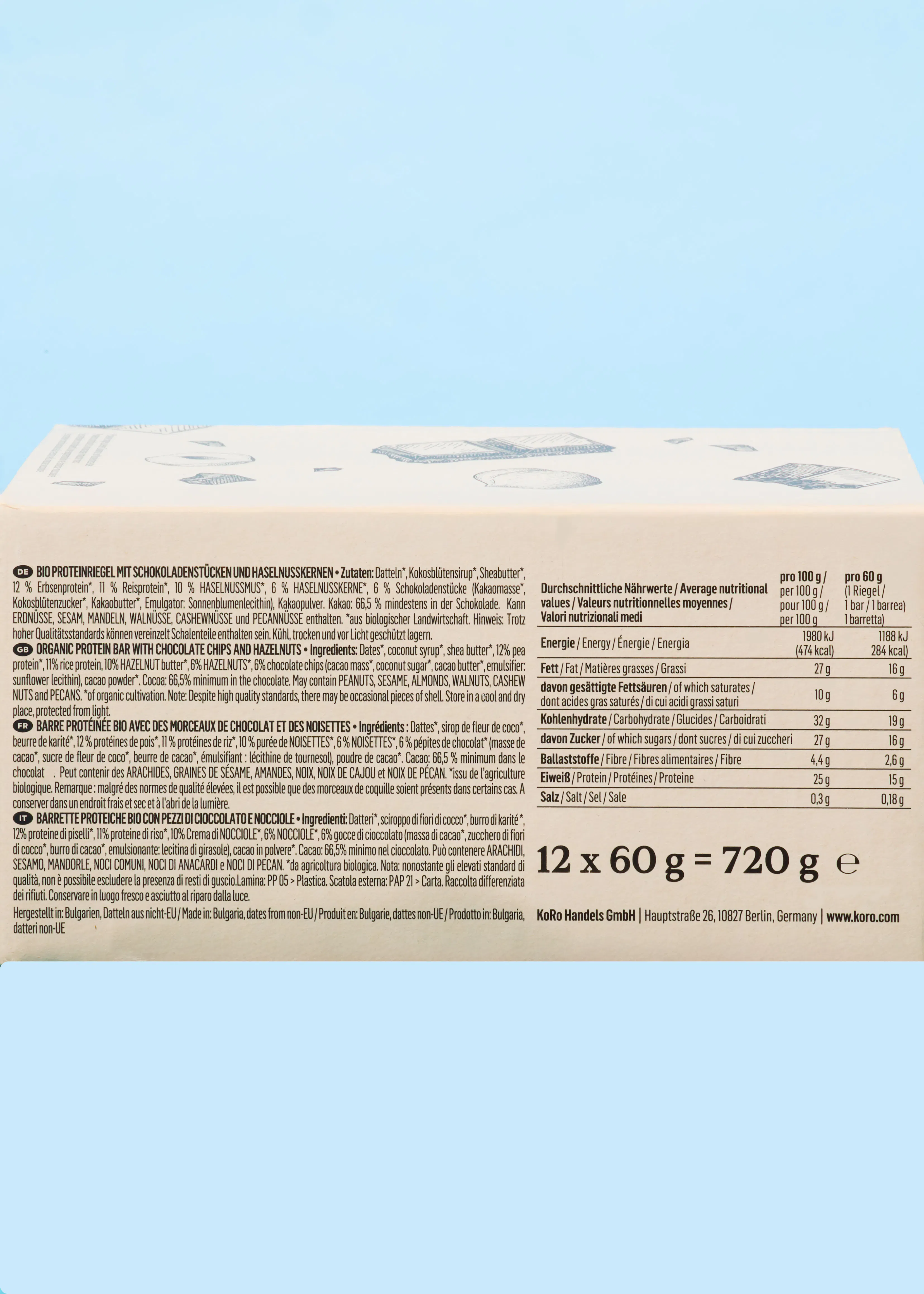 the bottom of a product package displaying ingredients, nutritional values, and manufacturing information for a protein bar in multiple languages.