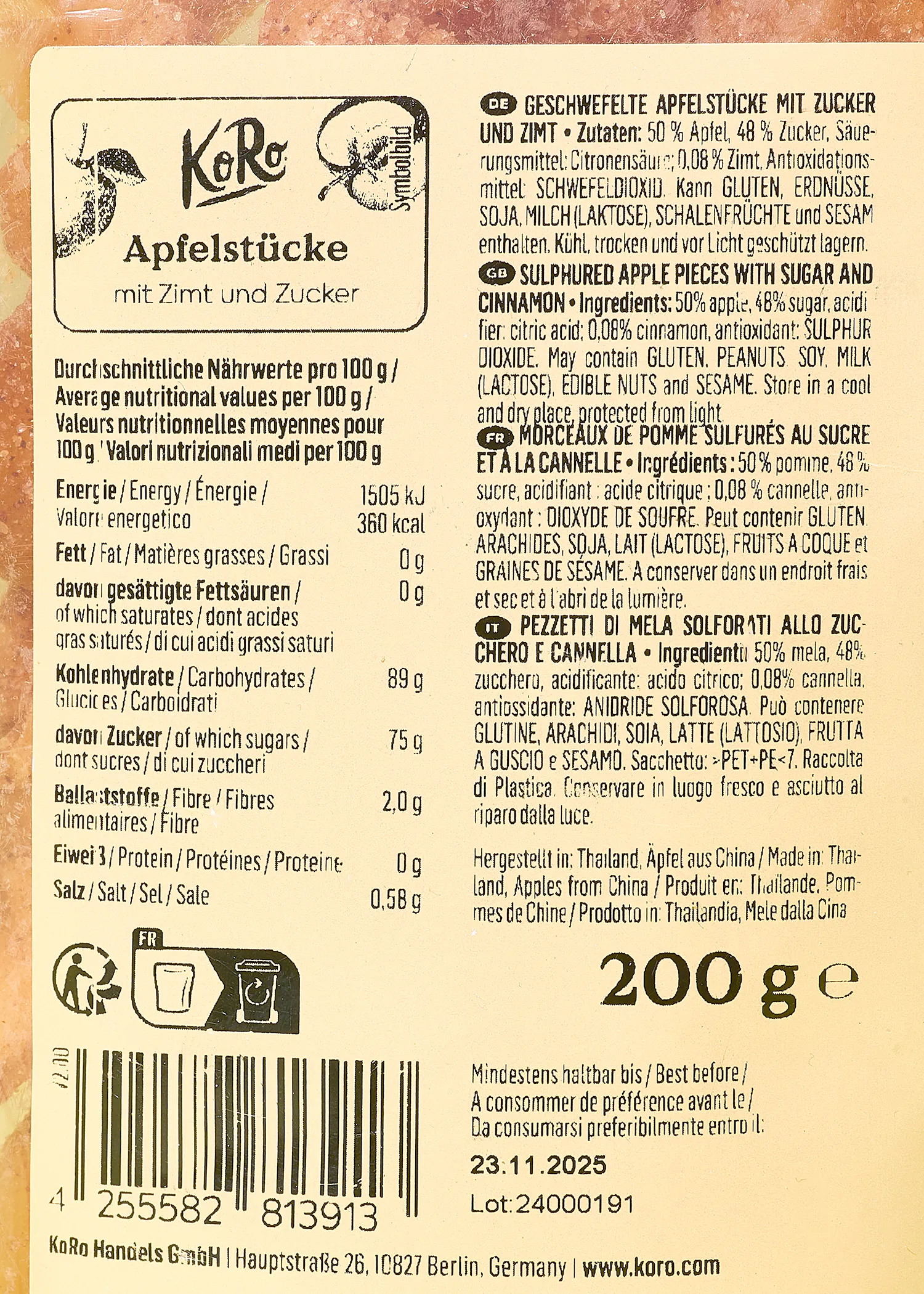 ein Etikett mit der Aufschrift " apfelstücke mit zimt und zucker "