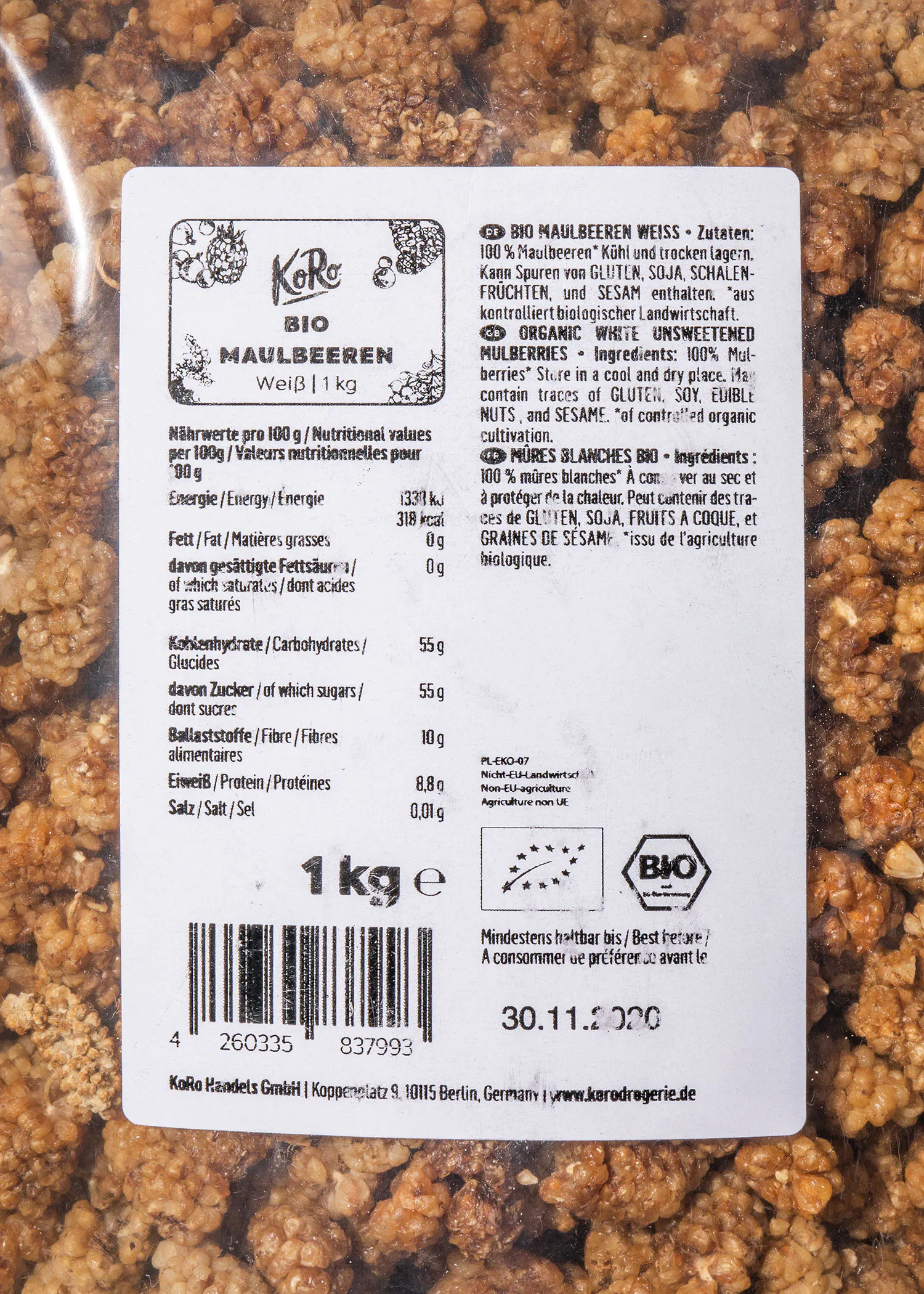 die Rückseite eines Pakets mit einem 1kg-Label
