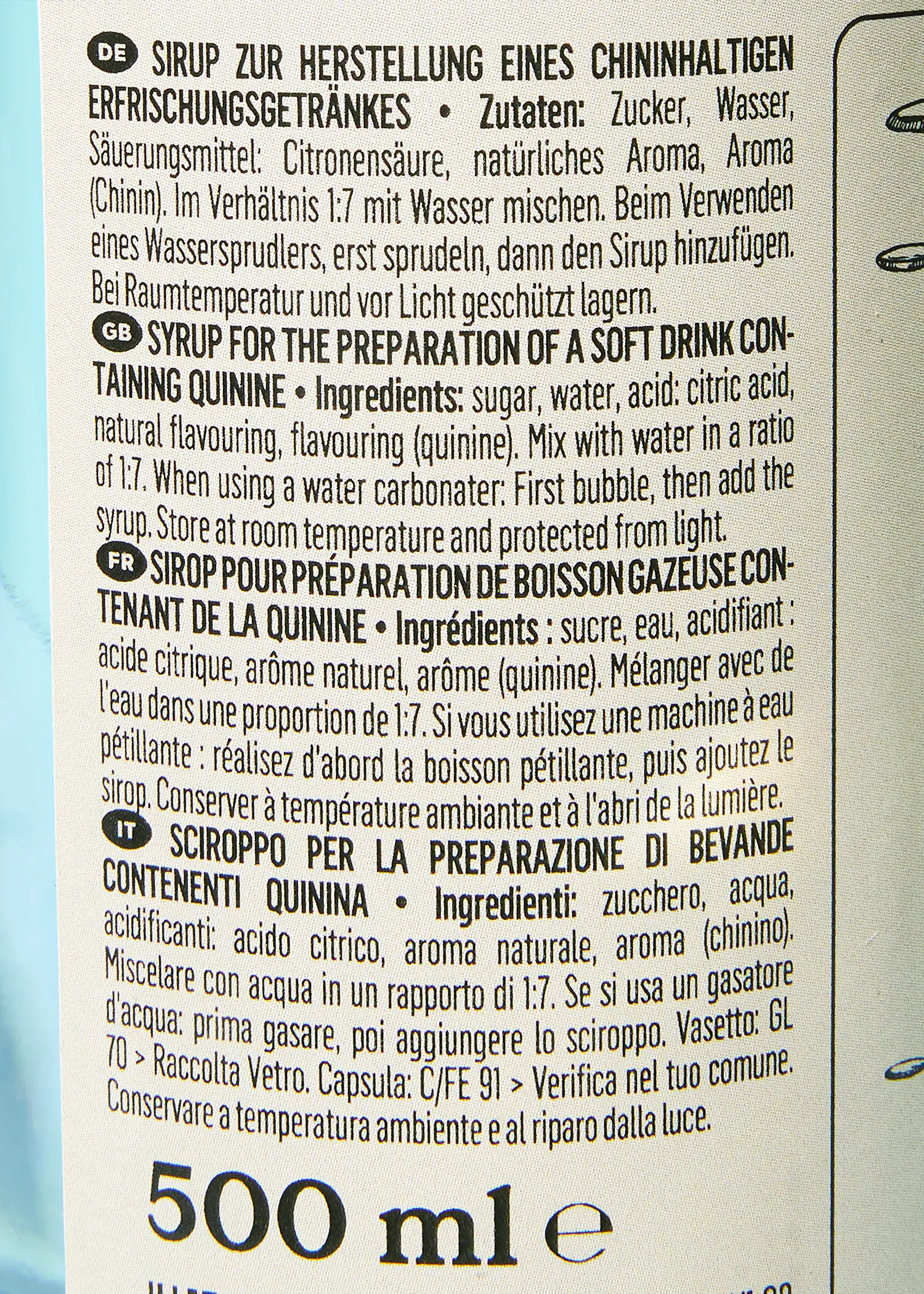 la etiqueta de una botella de 500 ml con ingredientes