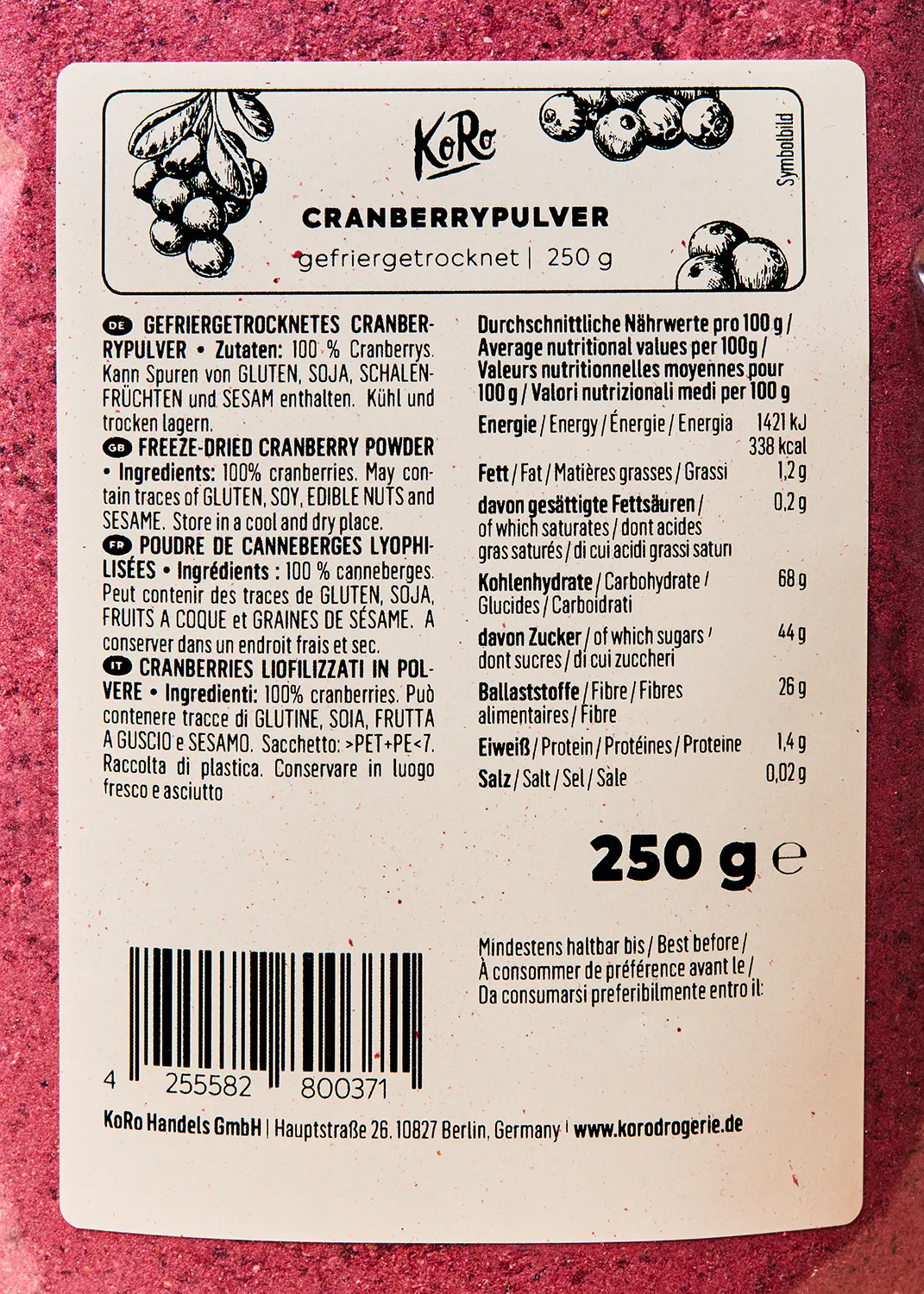 l' arrière d' une boîte de poudre de canneberges 250g