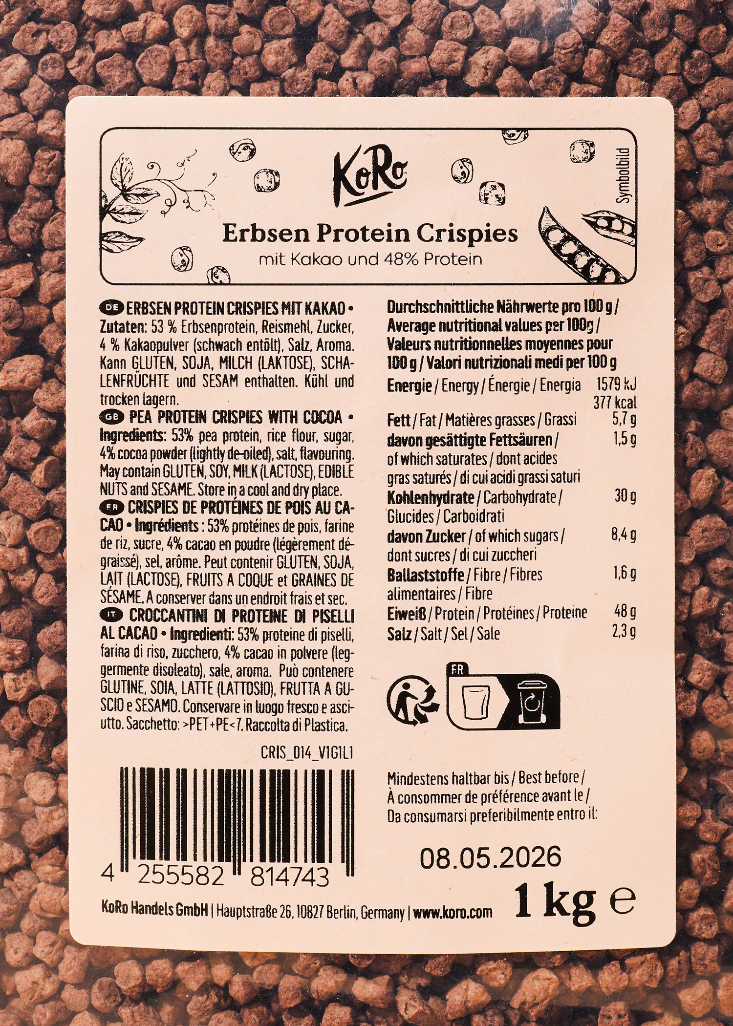 eine verpackung von erbsen protein crispies mit kakao und 48 % protein