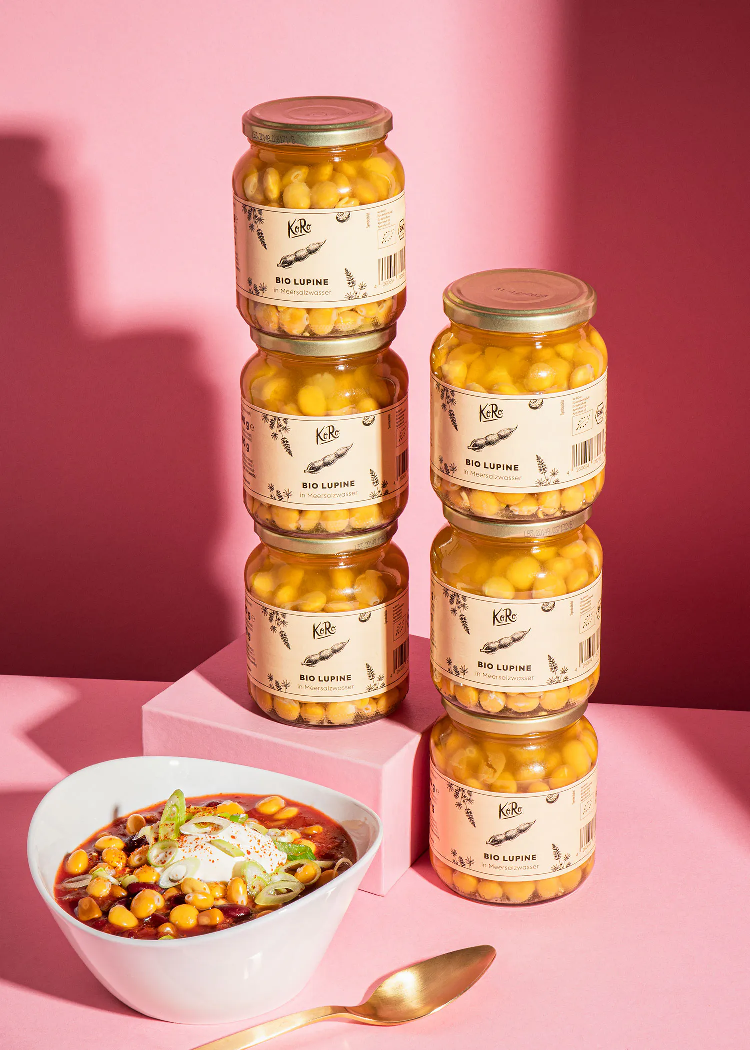 a stack of jars of kelb bio lupine beans