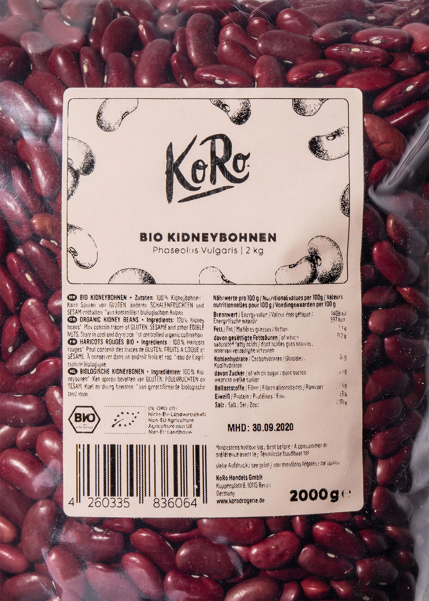 l' étiquette d' un sac de haricots rouges bio de koro