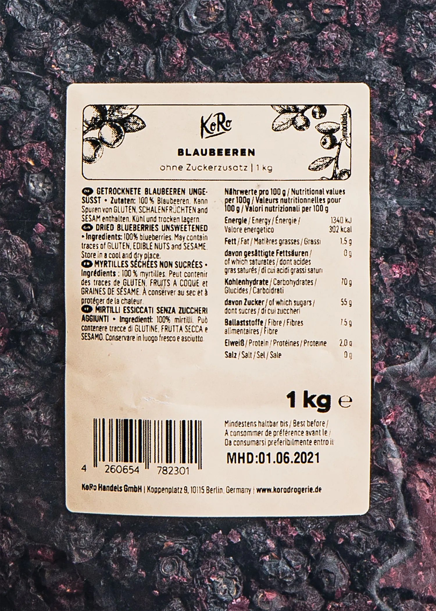 l' arrière de l' étiquette d' un kilogramme de bleuets