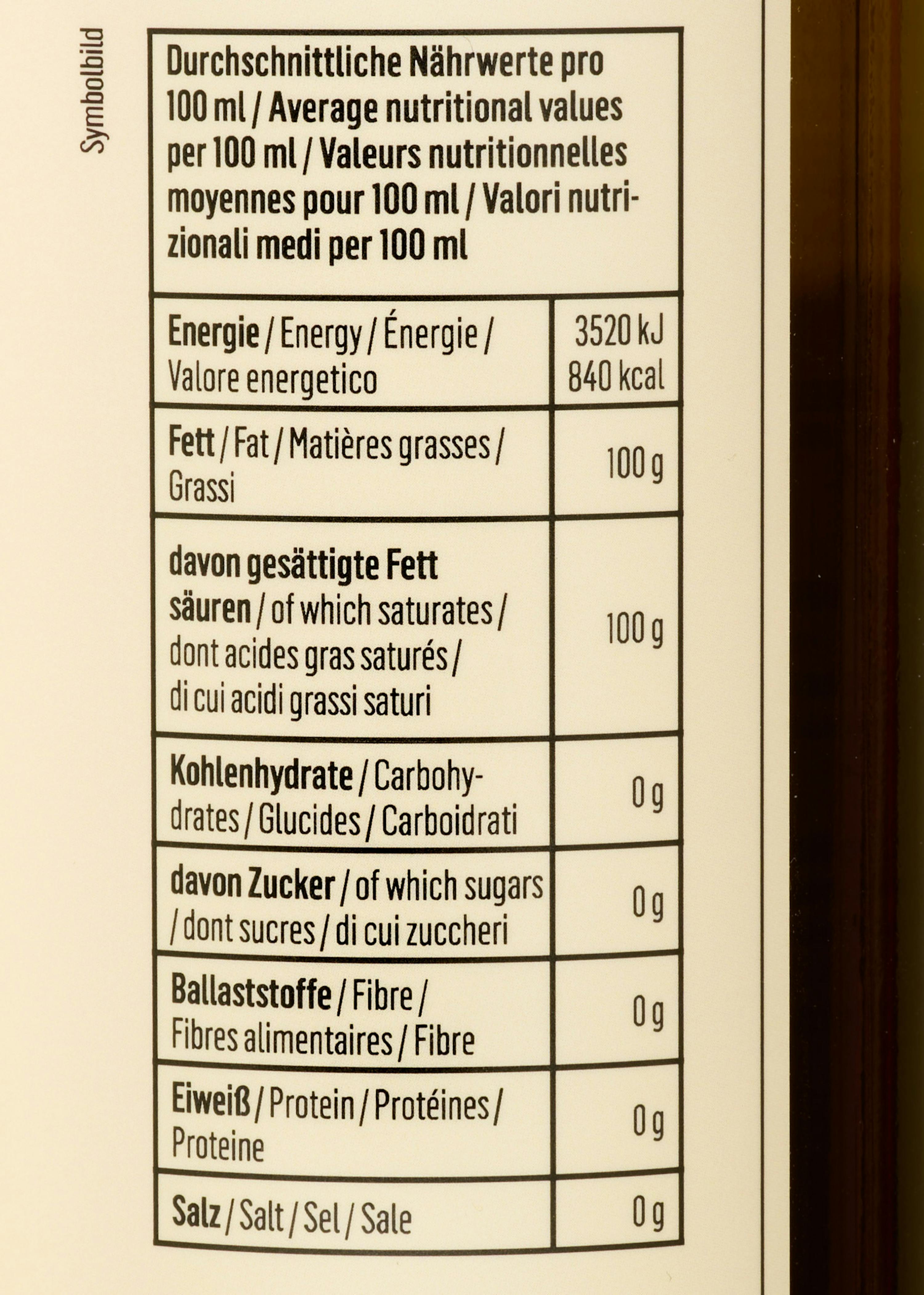 l' étiquette d' une bouteille d' huile montre les valeurs nutritionnelles moyennes pour 100 ml