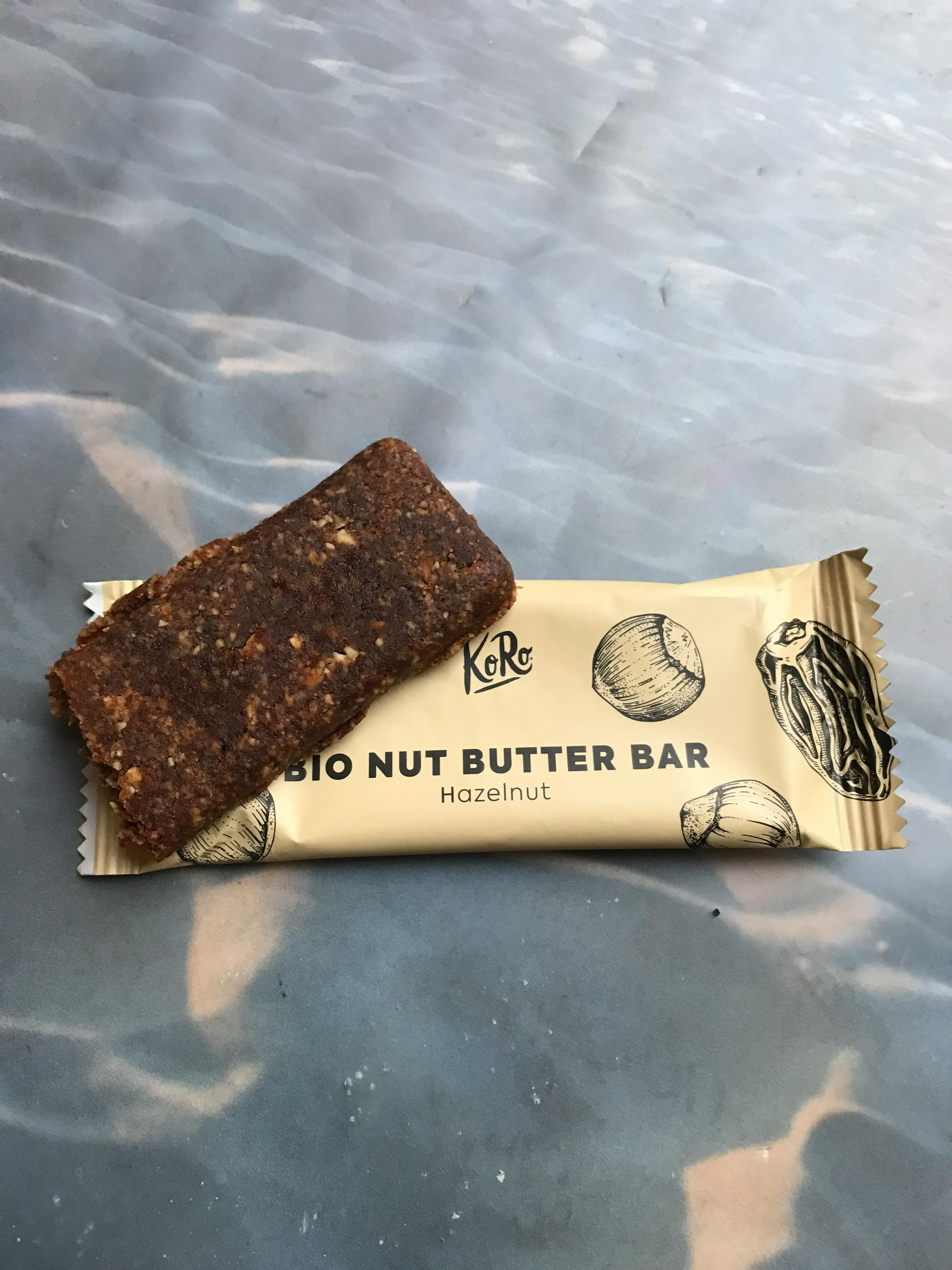 a bio nut butter bar with hazelnut on it