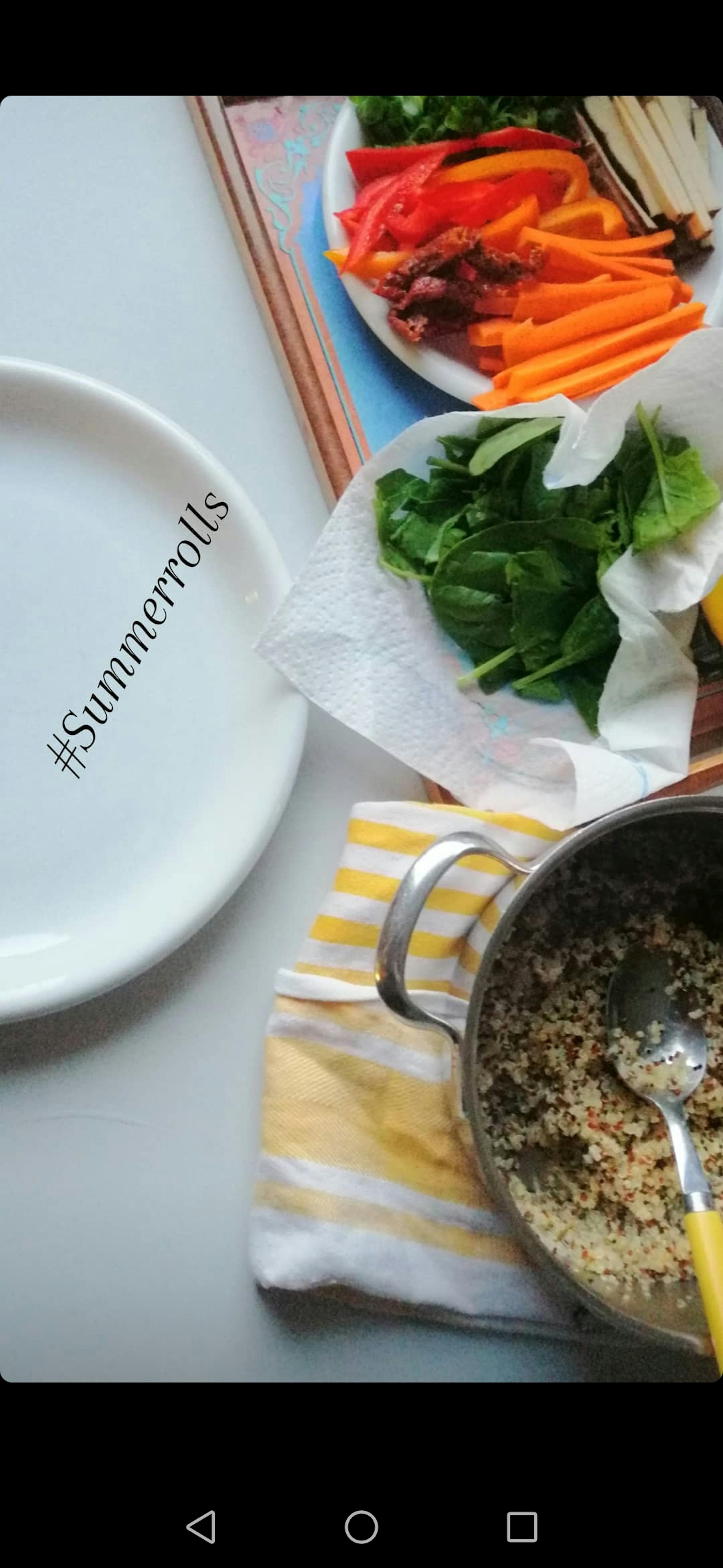 ein weißer Teller mit der Aufschrift #summerrolls neben einem Topf mit Essen