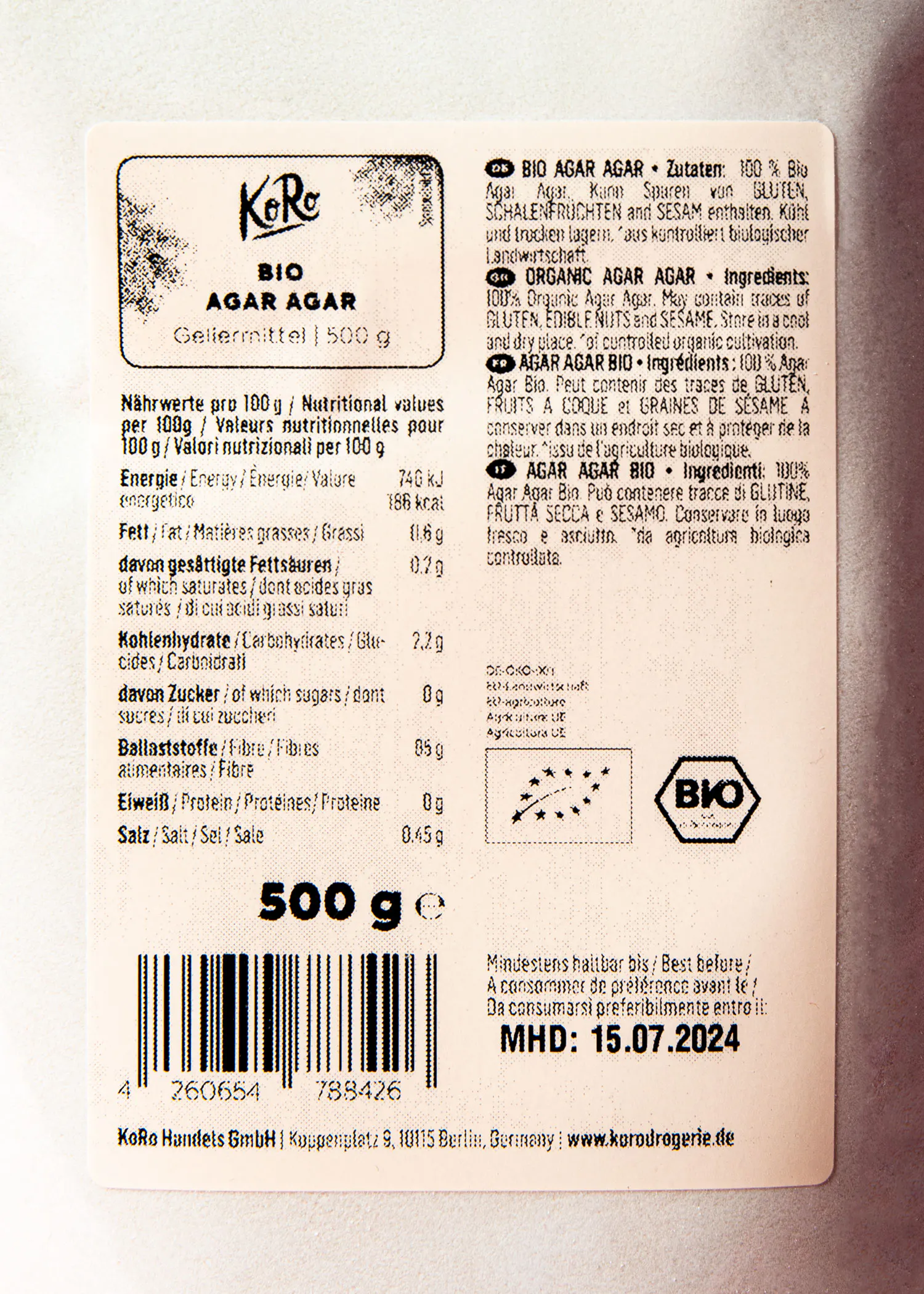 l' arrière d' une boîte de 500 g d' agar bio