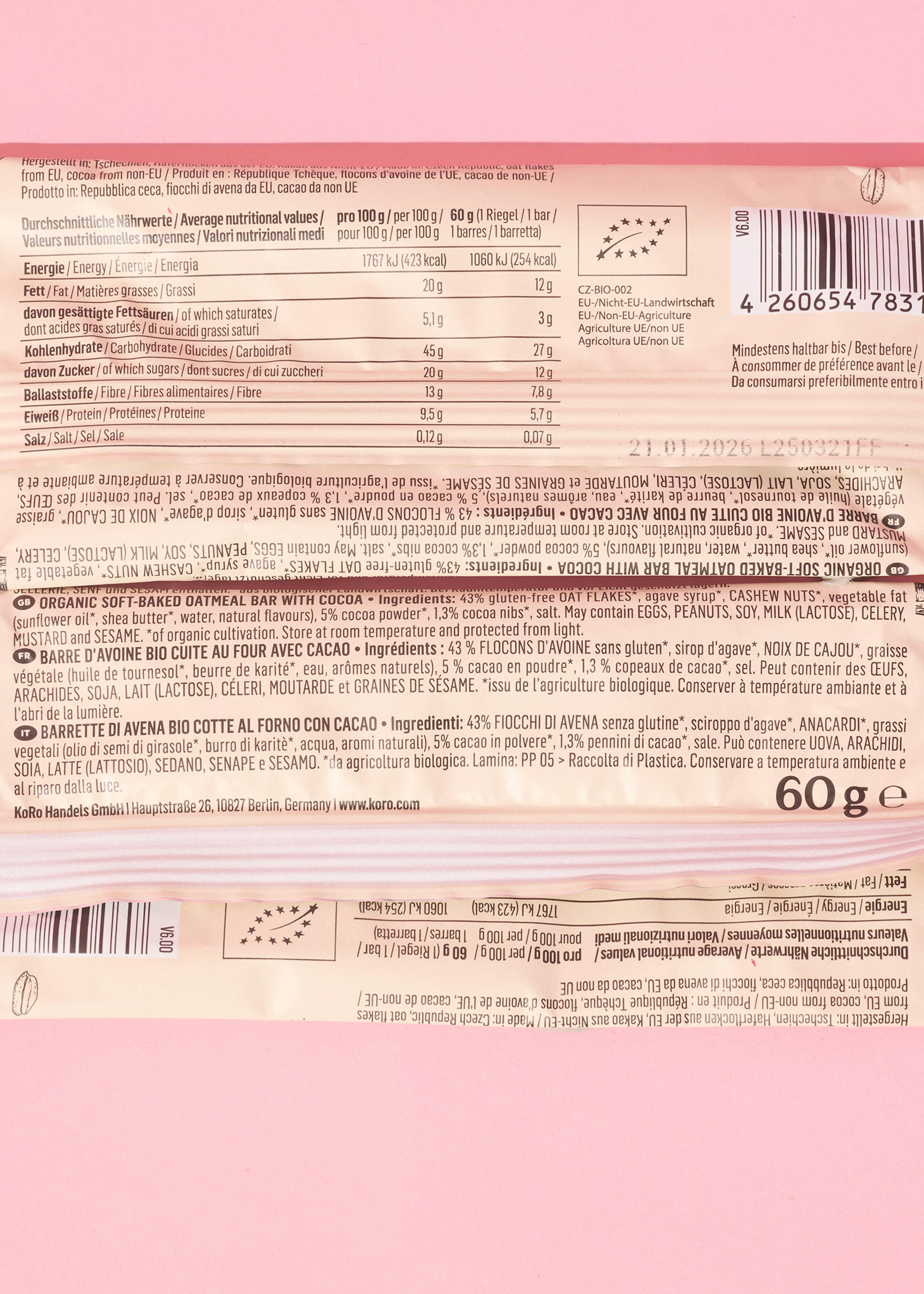 l' arrière d' une barre d' avoine bio au cacao