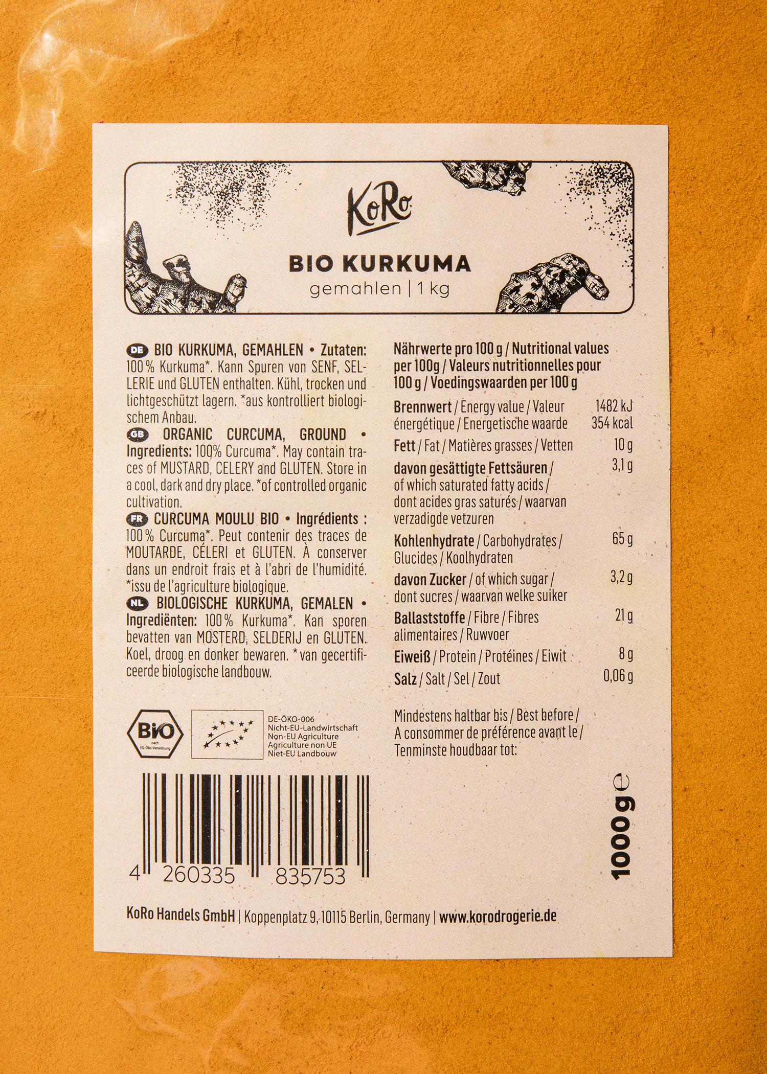 the back of a package of bio kurkuma powder