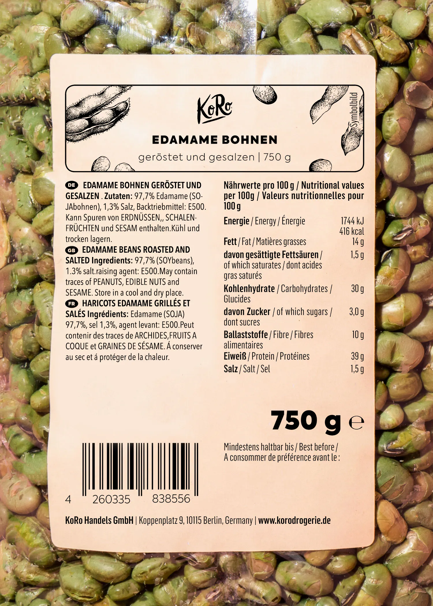 l' arrière d' une boîte de haricots edamame de 750 g