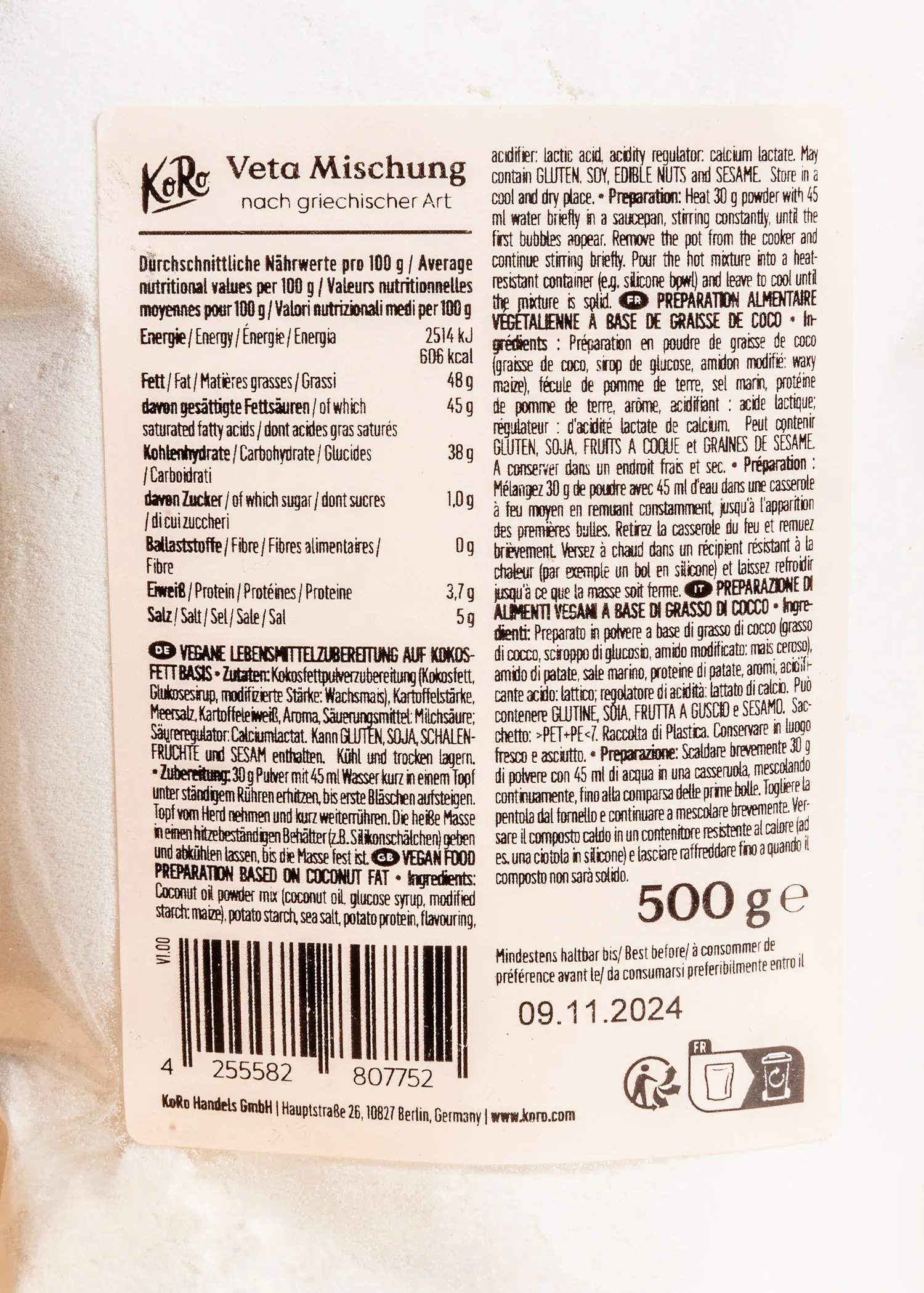 l' arrière de l' emballage de 500 g de veta mischung