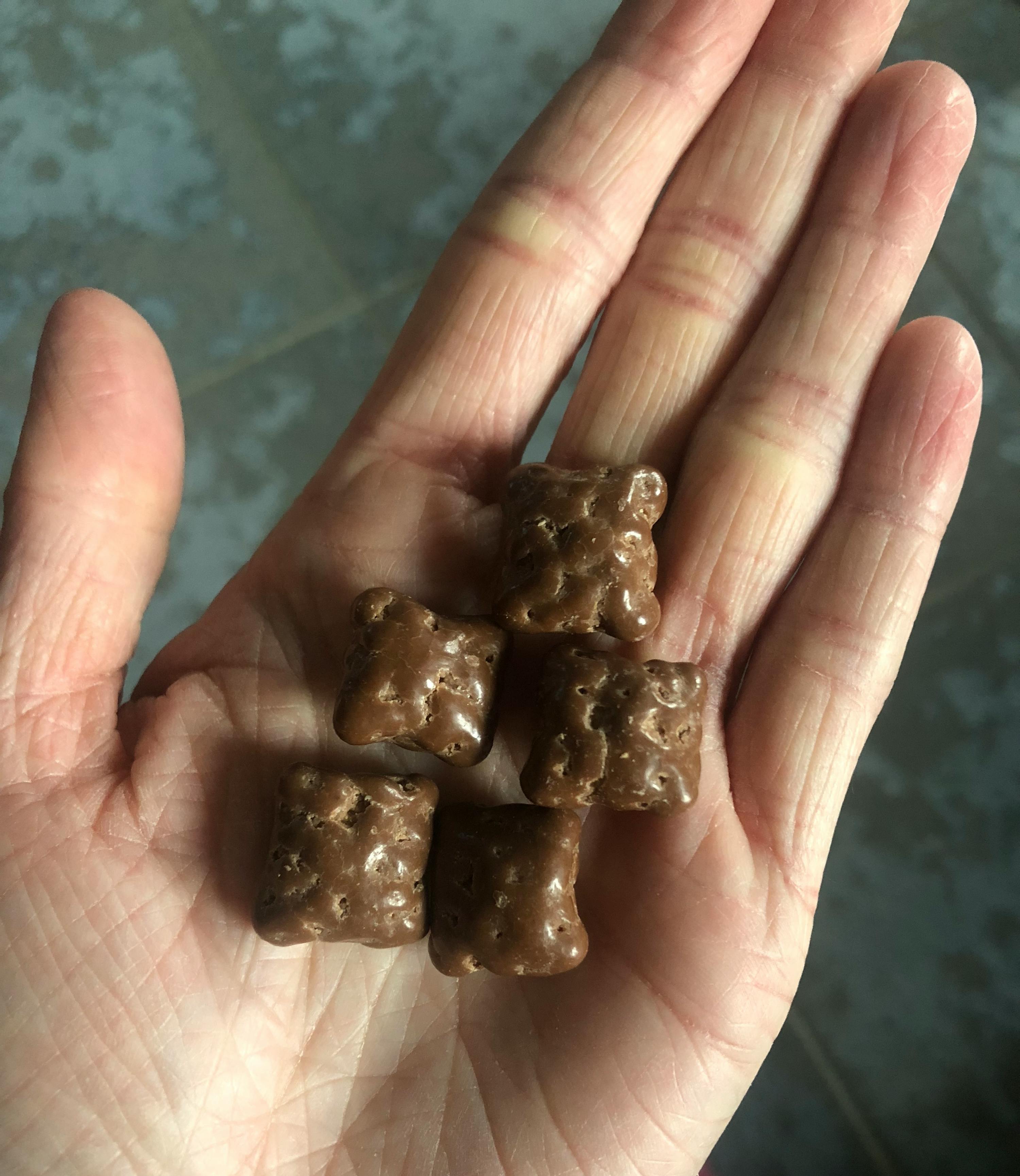 a person holding a handful of chocolate covered marshmallows