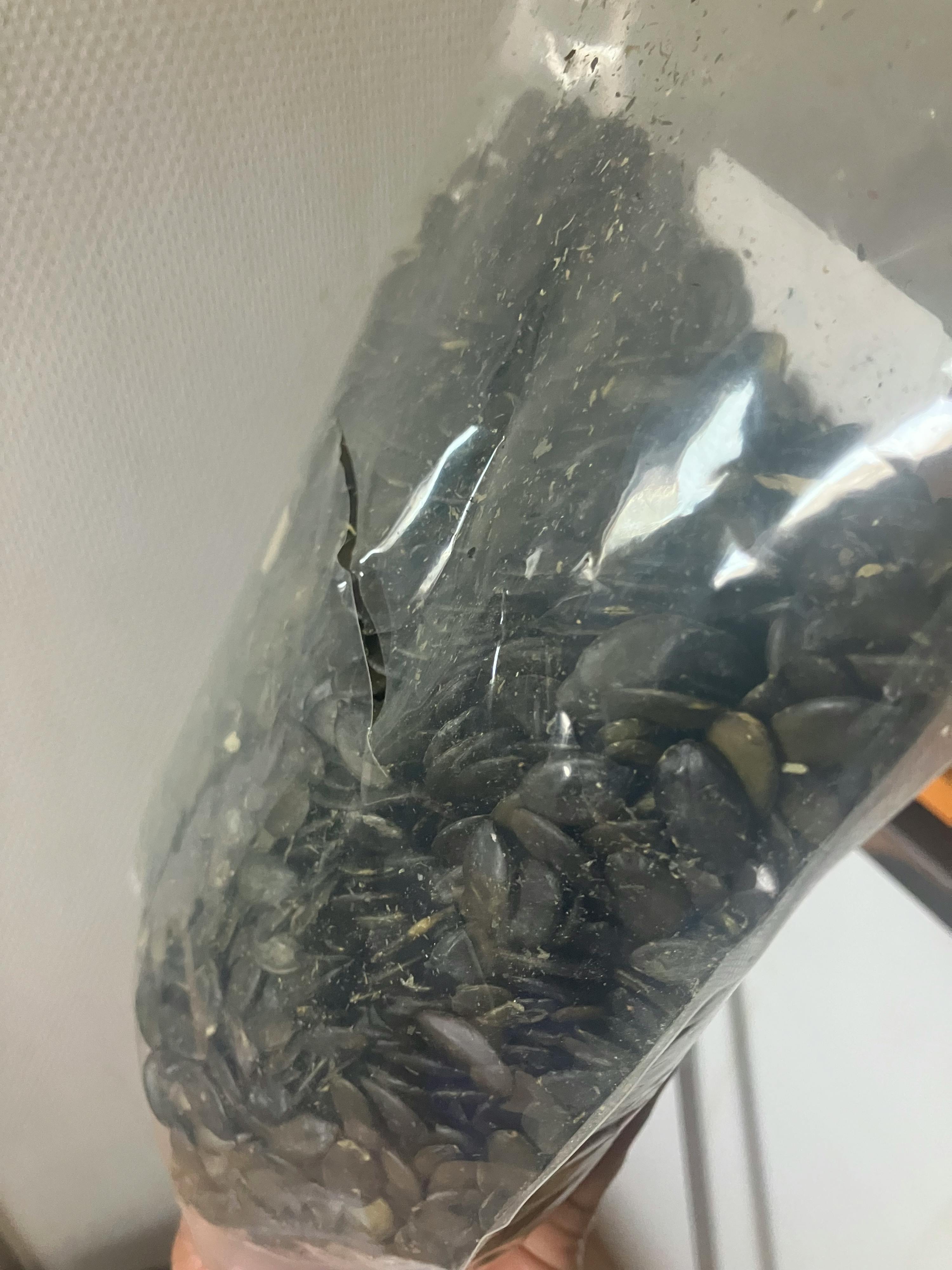 un sacchetto di plastica trasparente pieno di semi di zucca sgusciati verde scuro.