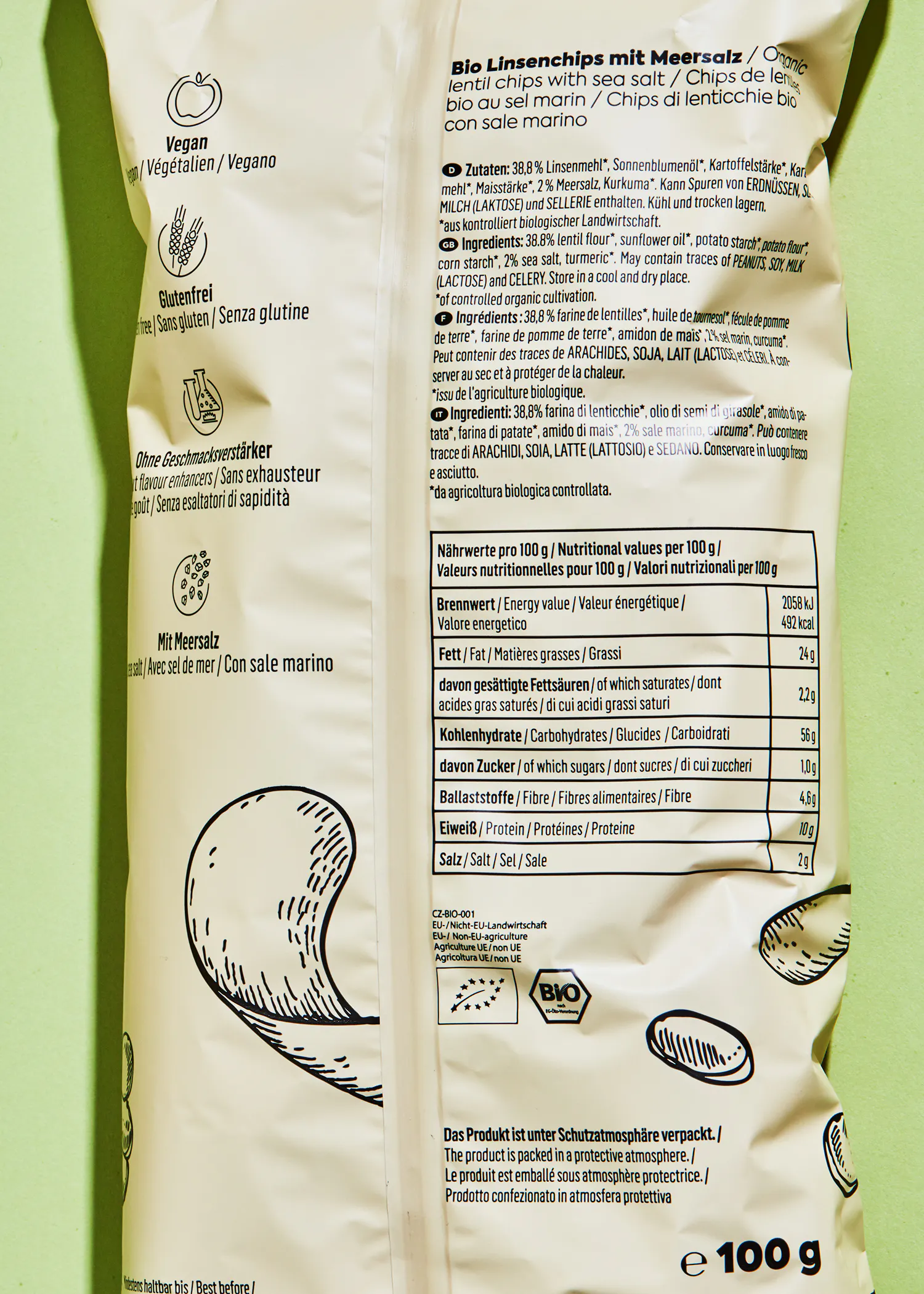 the back of a bag of linsenchips with meersalz